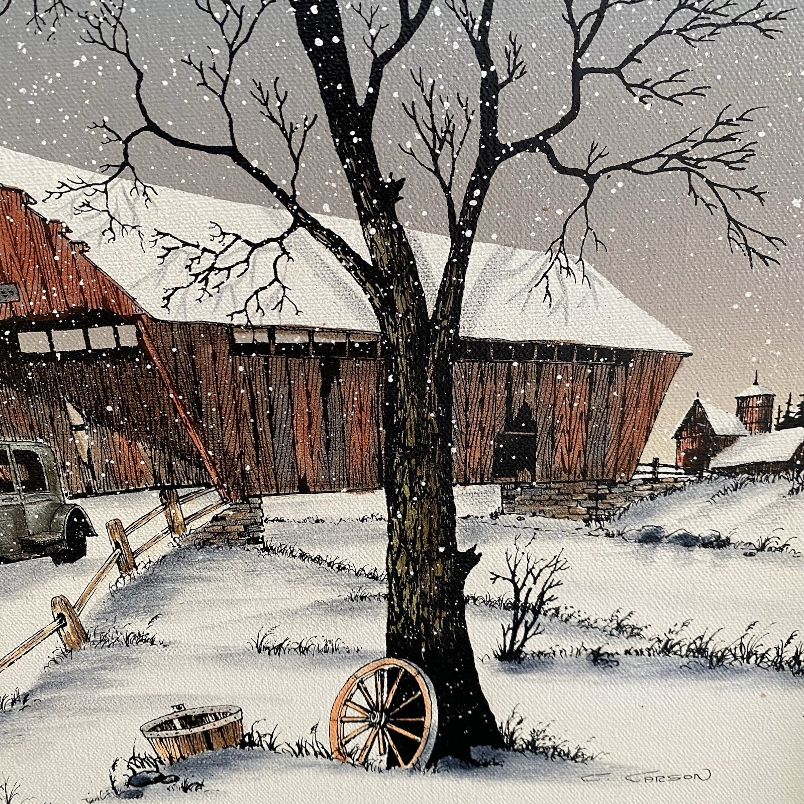 Vintage Winter Barn Farmhouse Canvas Print Framed Snow Scene Rustic Wall Art