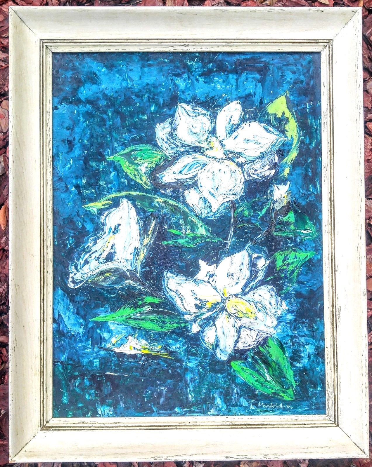 Southern Magnolia Flowers Blue White Green Yellow Framed Floral Oil Painting