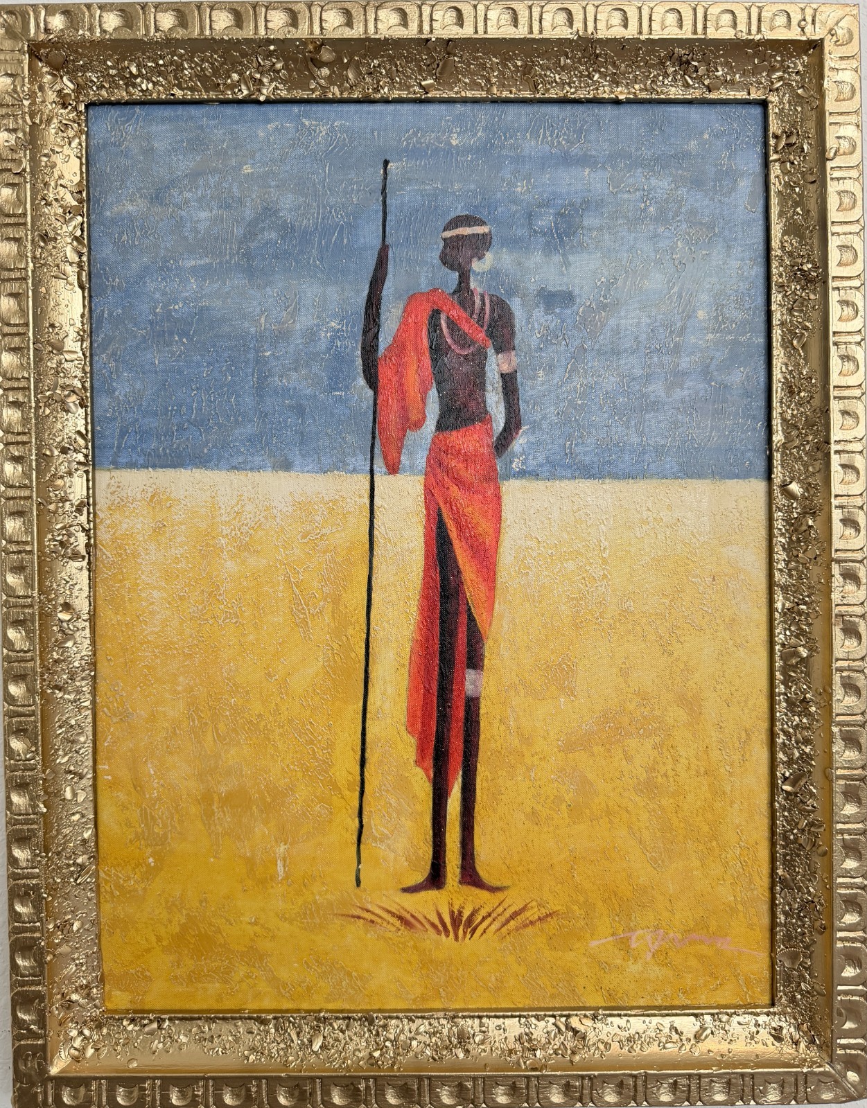 Vintage African Tribal Figure Oil Painting Textured Modern Ethnic Wall Art