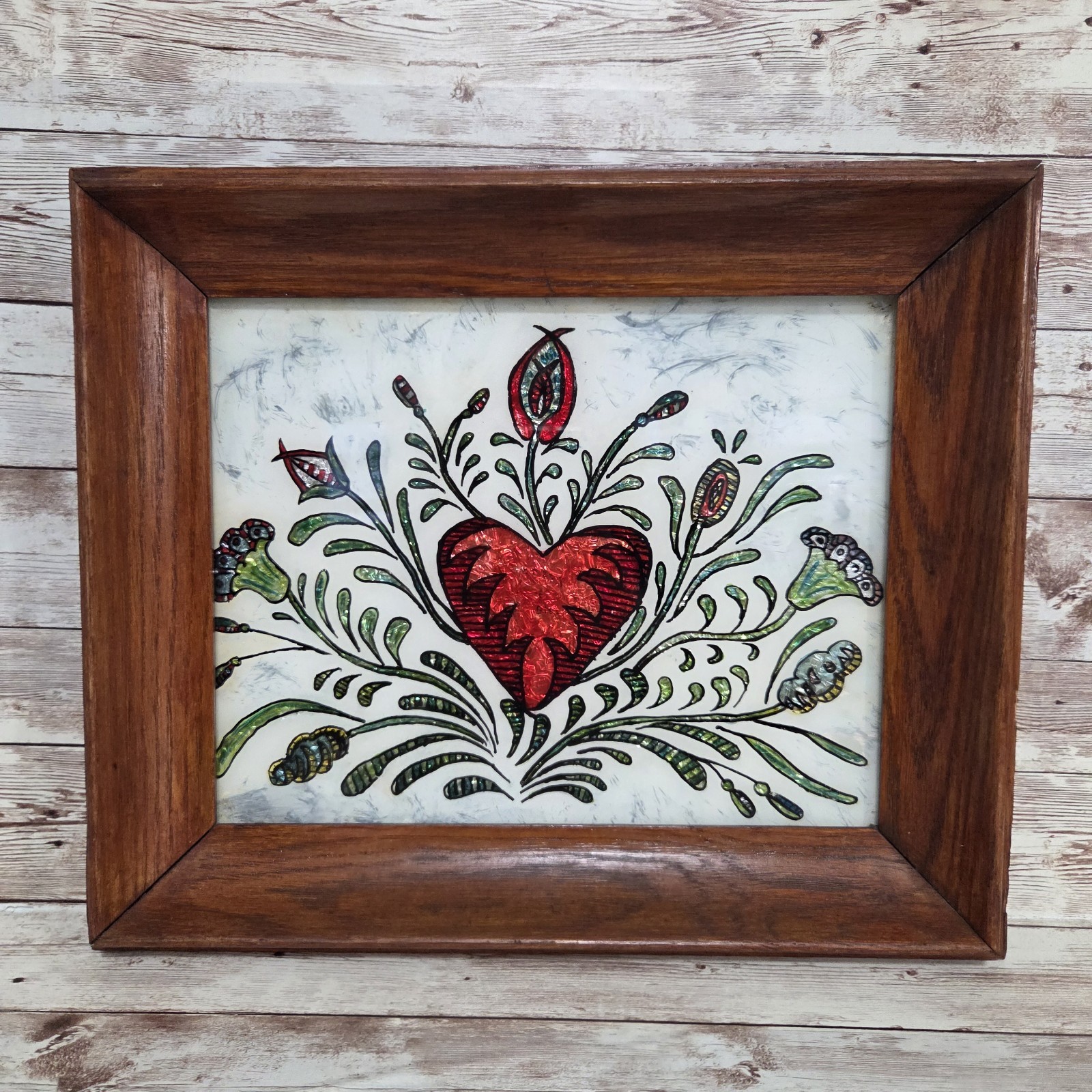 Vintage Tinsel Art Reverse Glass Painting Wood Frame Traditional Ornate Floral