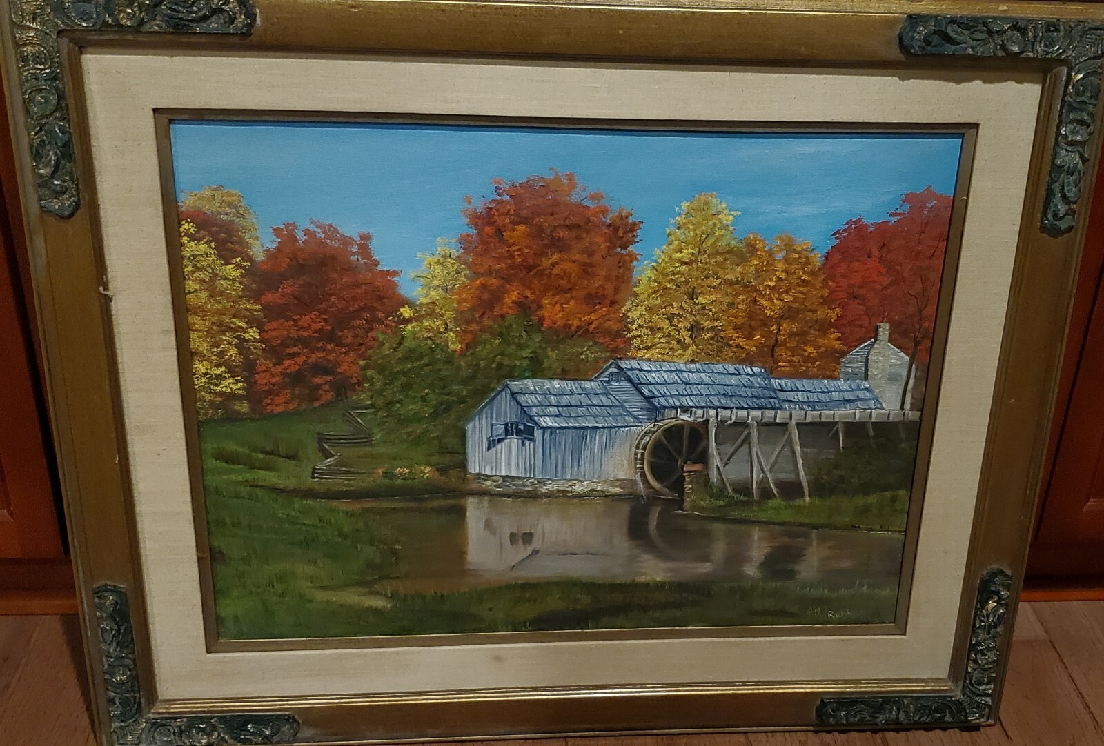 Vintage Watermill Country Autumn Landscape Oil Painting Linen Gesso Wood Frame
