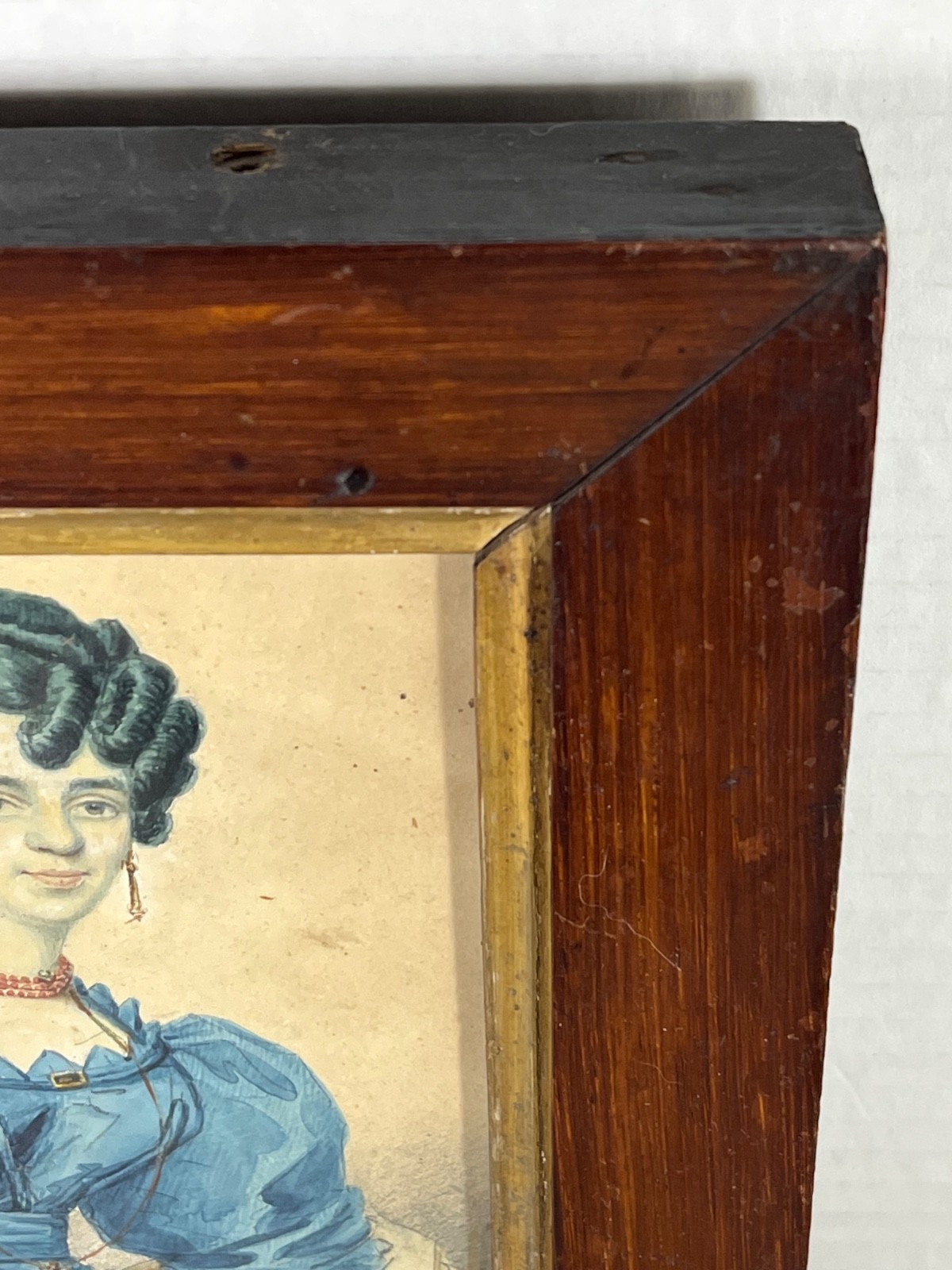 Antique 1830s Colored Lithograph portrait young Woman Wood Framed 7”x 8”