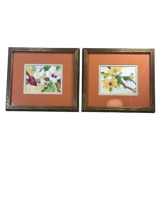 Set of 2 Bird and Hibiscus Flowers Watercolor Wall Art Framed Matted Signed