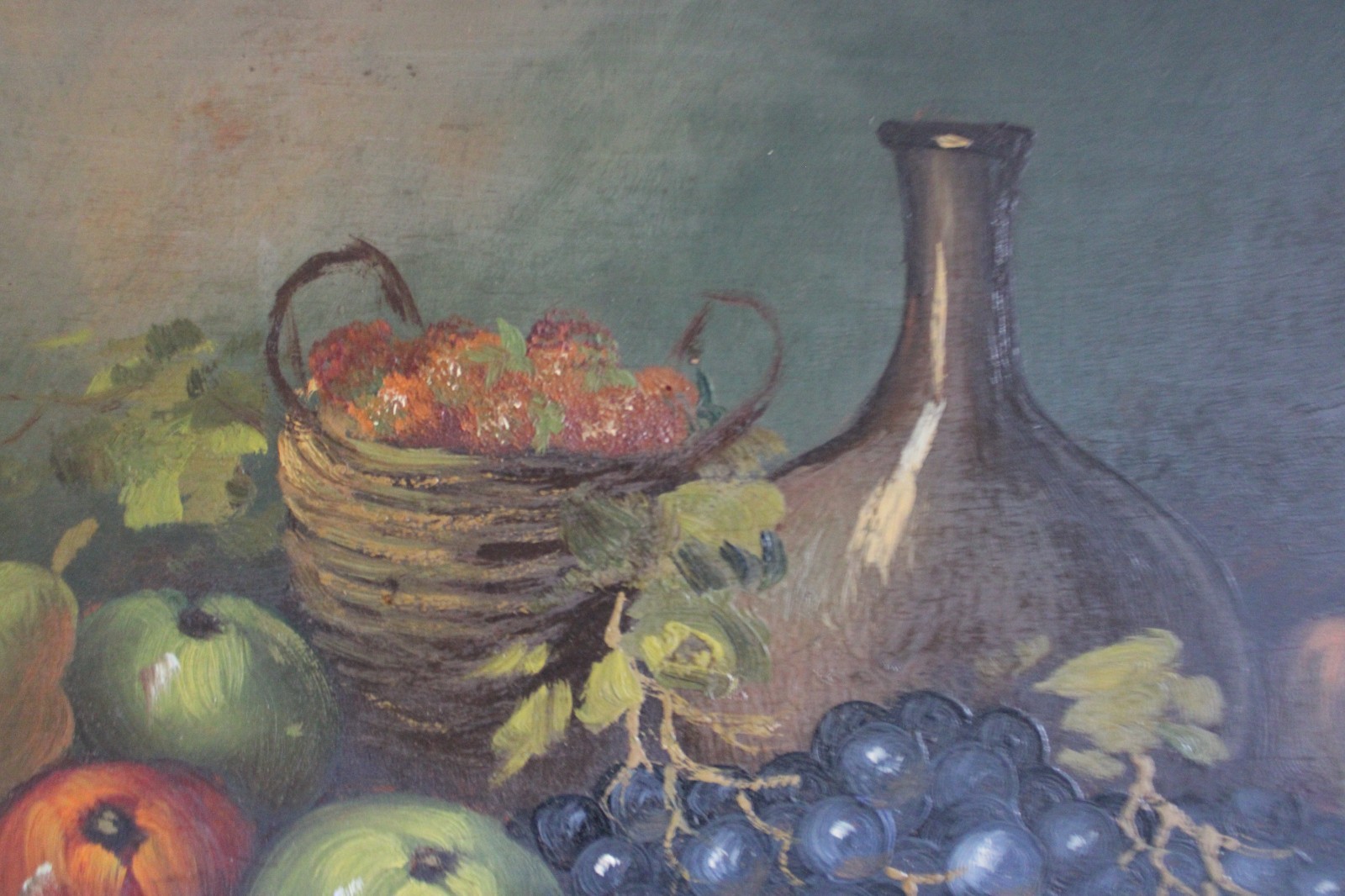 ANTIQUE STILL LIFE WINE HARVEST OIL PAINTING FRUIT SIGNED COUNTRY PRIMITIVE ORIG