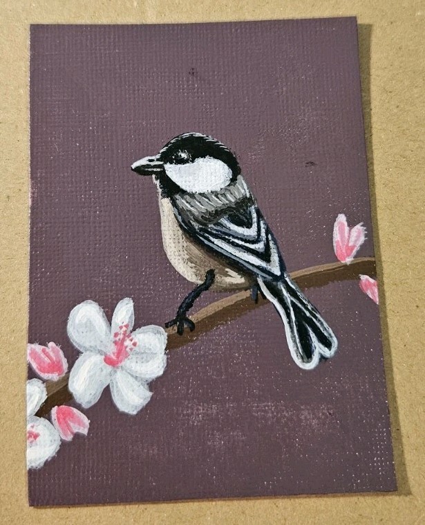 ACEO Chickadee with White Flowers Original Bird Artwork Acrylic on Paper Signed