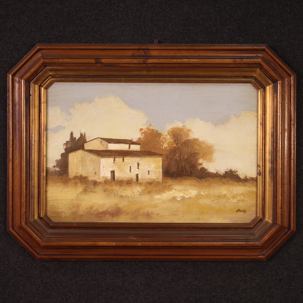 Painting landscape signed artwork oil on masonite octagonal frame 20th century