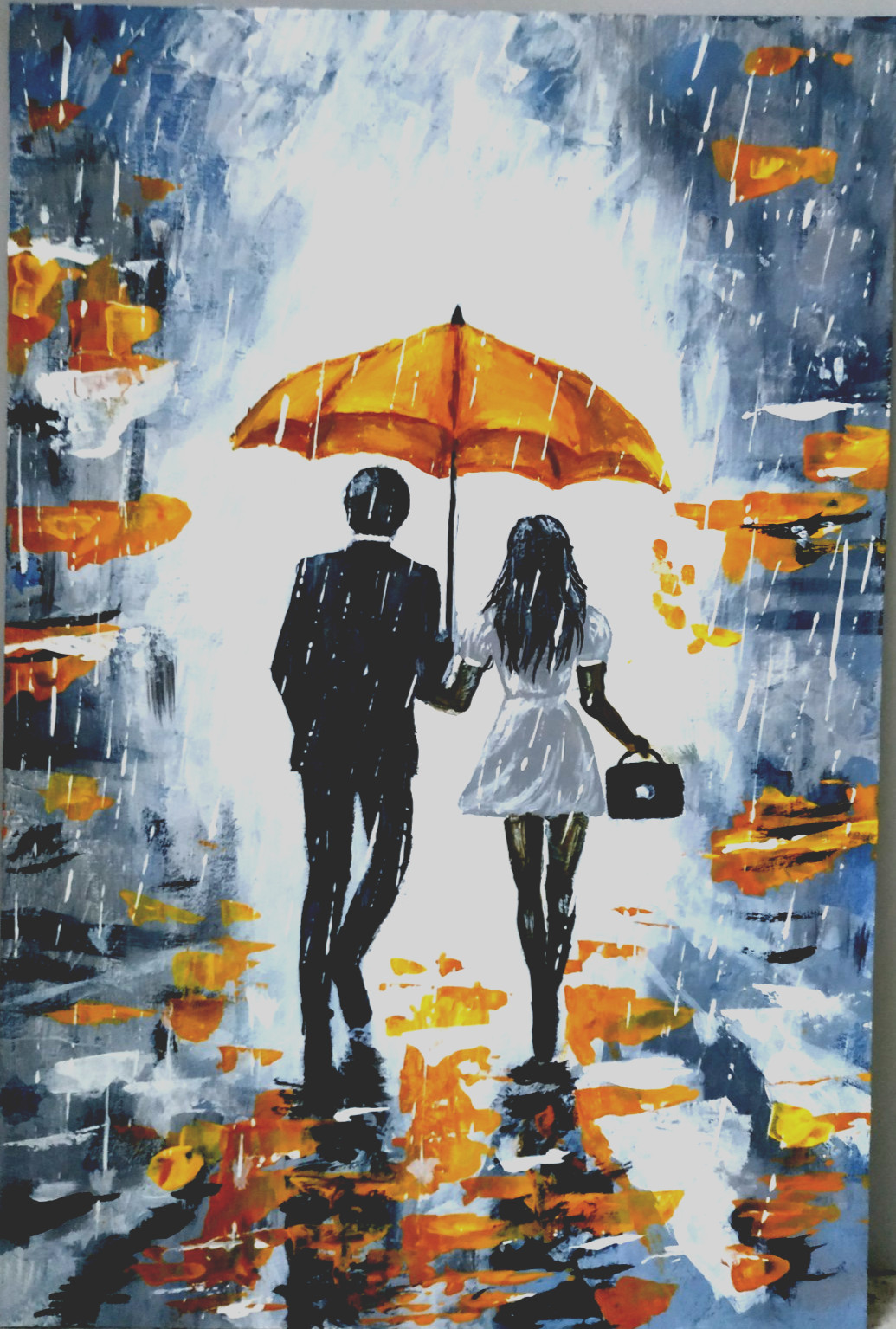 A couple in love under an umbrella, in the rain Original acrylic painting Modern