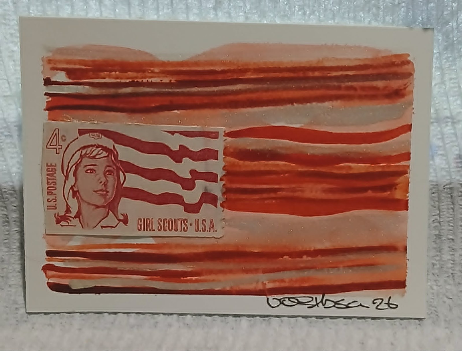 Postal Whimsy Girl Scouts — OOAK Mixed Media ACEO Vintage 4¢ Stamp Art