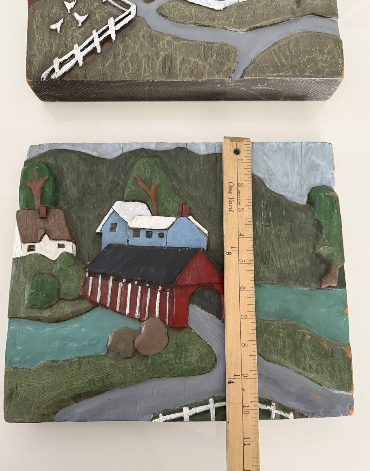 2 VTG 3D Folk Art Hand Carved Wood Plaque Painted Barn Farm Covered Bridge