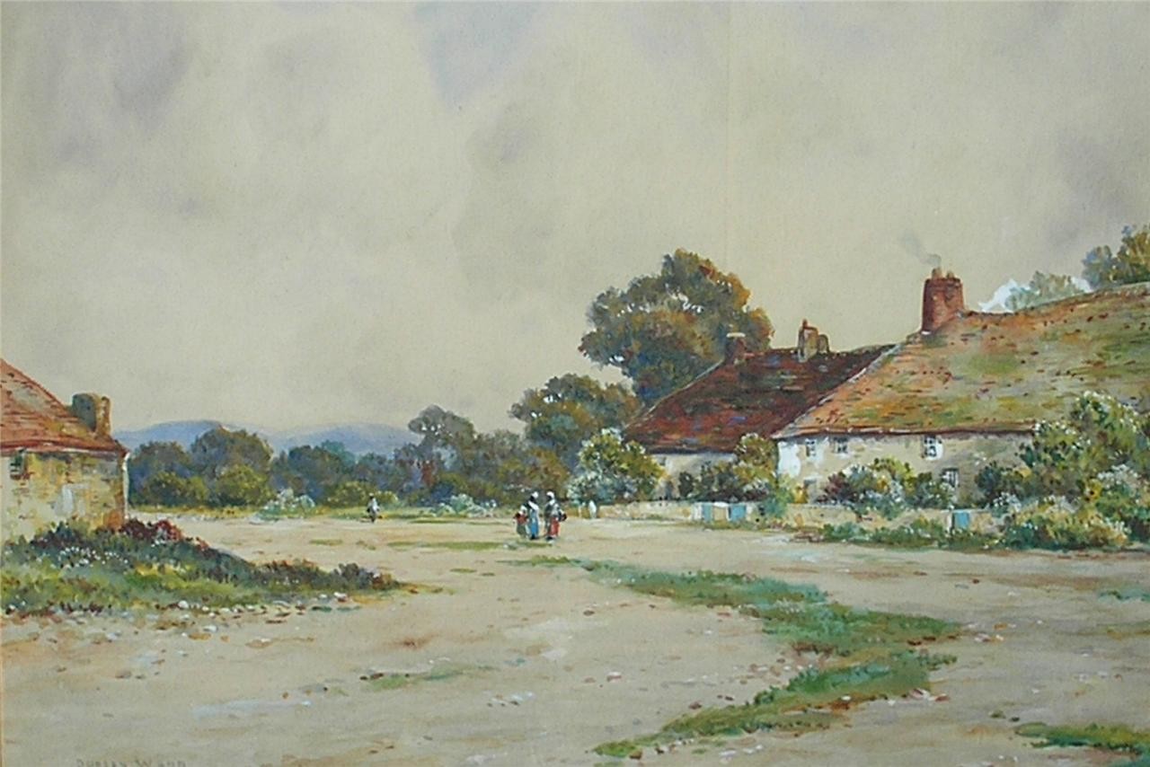 FIGURES IN A VILLAGE WATERCOLOUR DUDLEY WARD BRITIH SCHOOLc1910