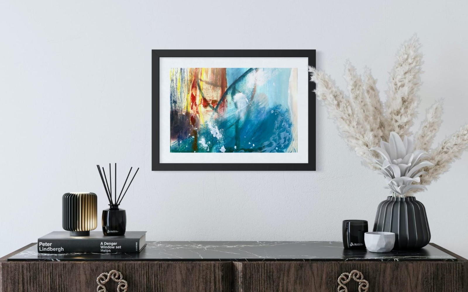 Blue Abstract Original Oil and Mixed Media Painting on Paper 18″x12″ Home Decor