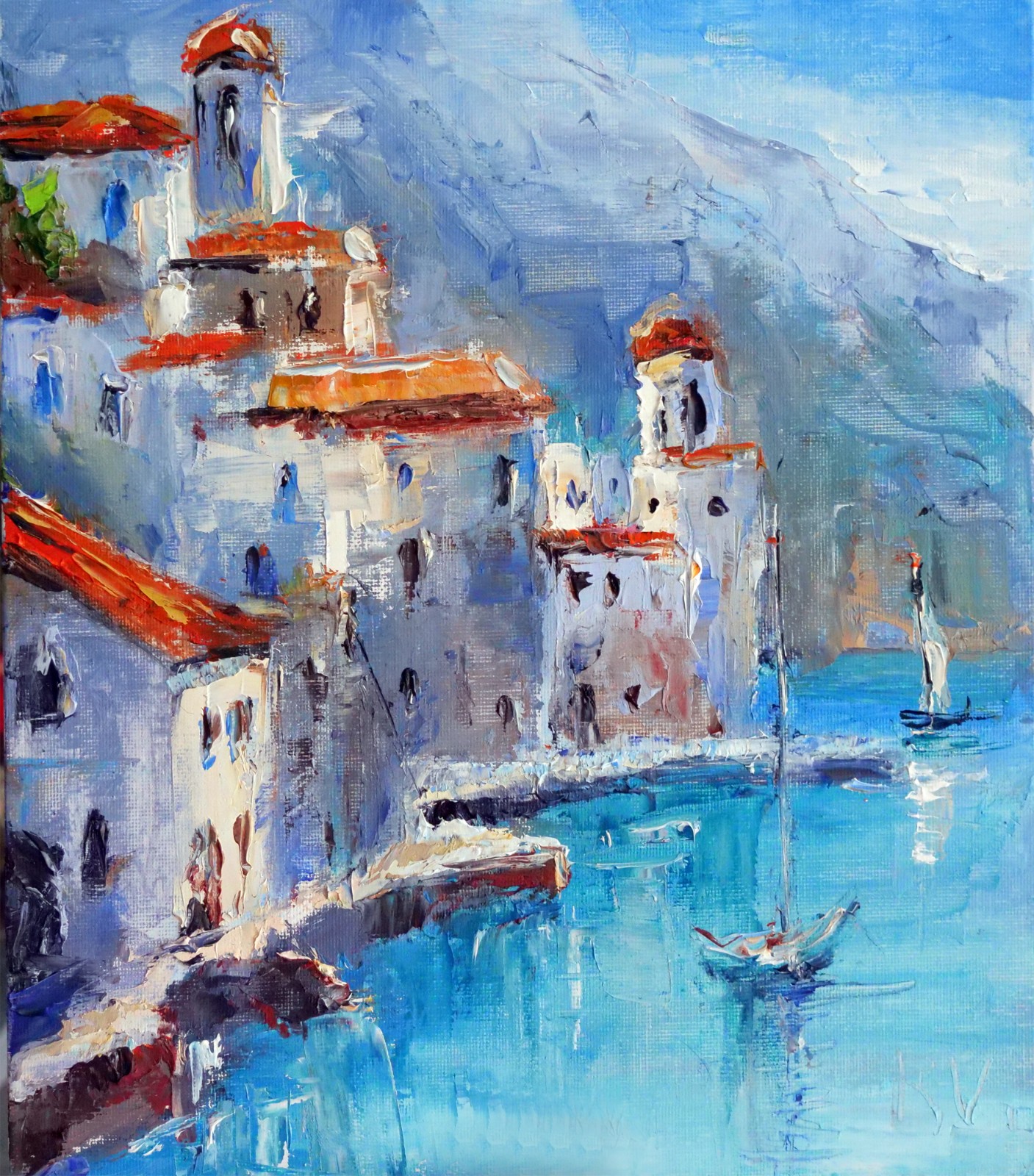 Greece Santorini 10×12″ Oil Painting Mediterran Seaside Coastal Village Red Roof