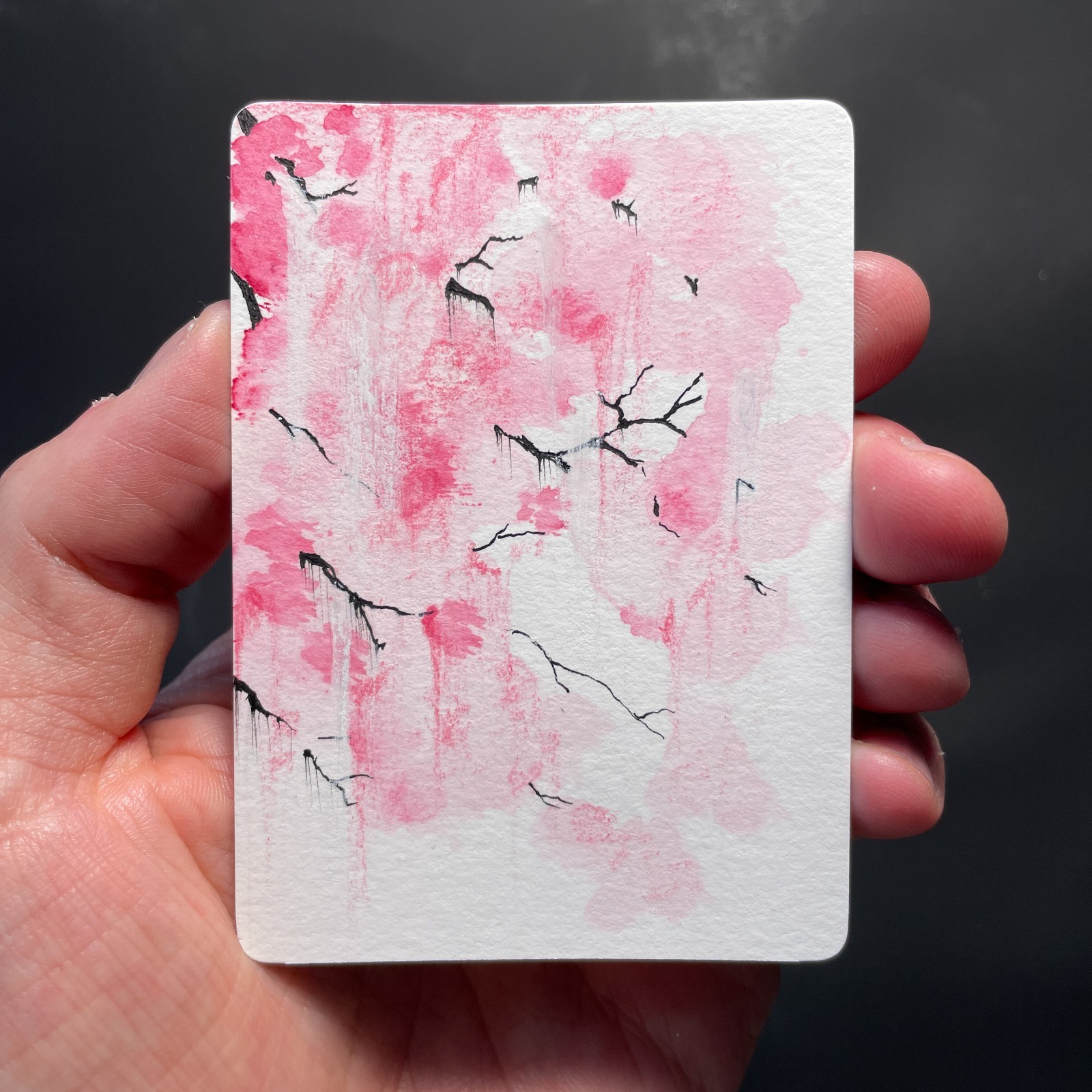 ACEO original painting Abstract Pink Sakura Cherry Blossom Art Card ATC ryeo-21