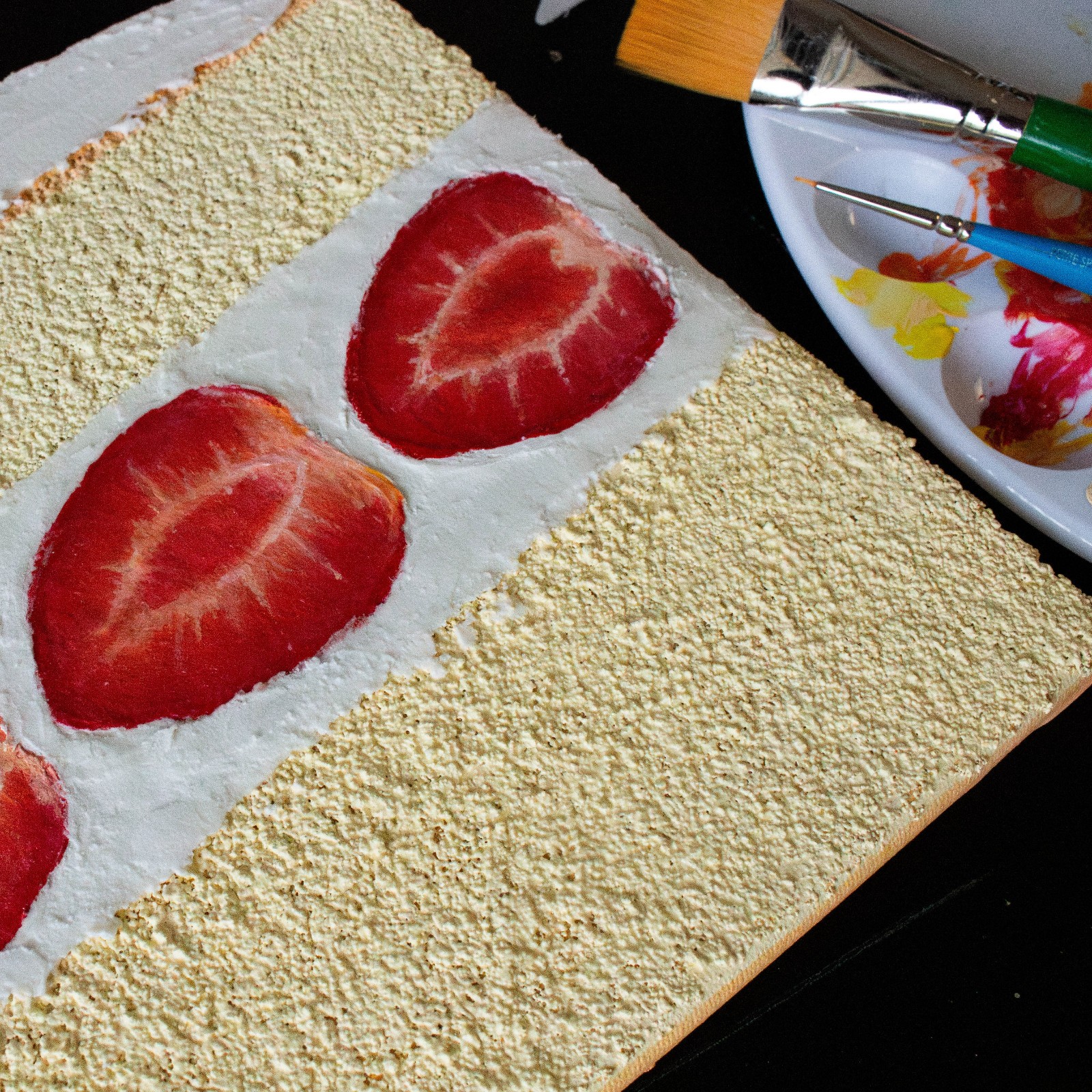 Strawberry Cake Texture Painting, Handmade Fake Food Wall Art Decor Gluecose Art