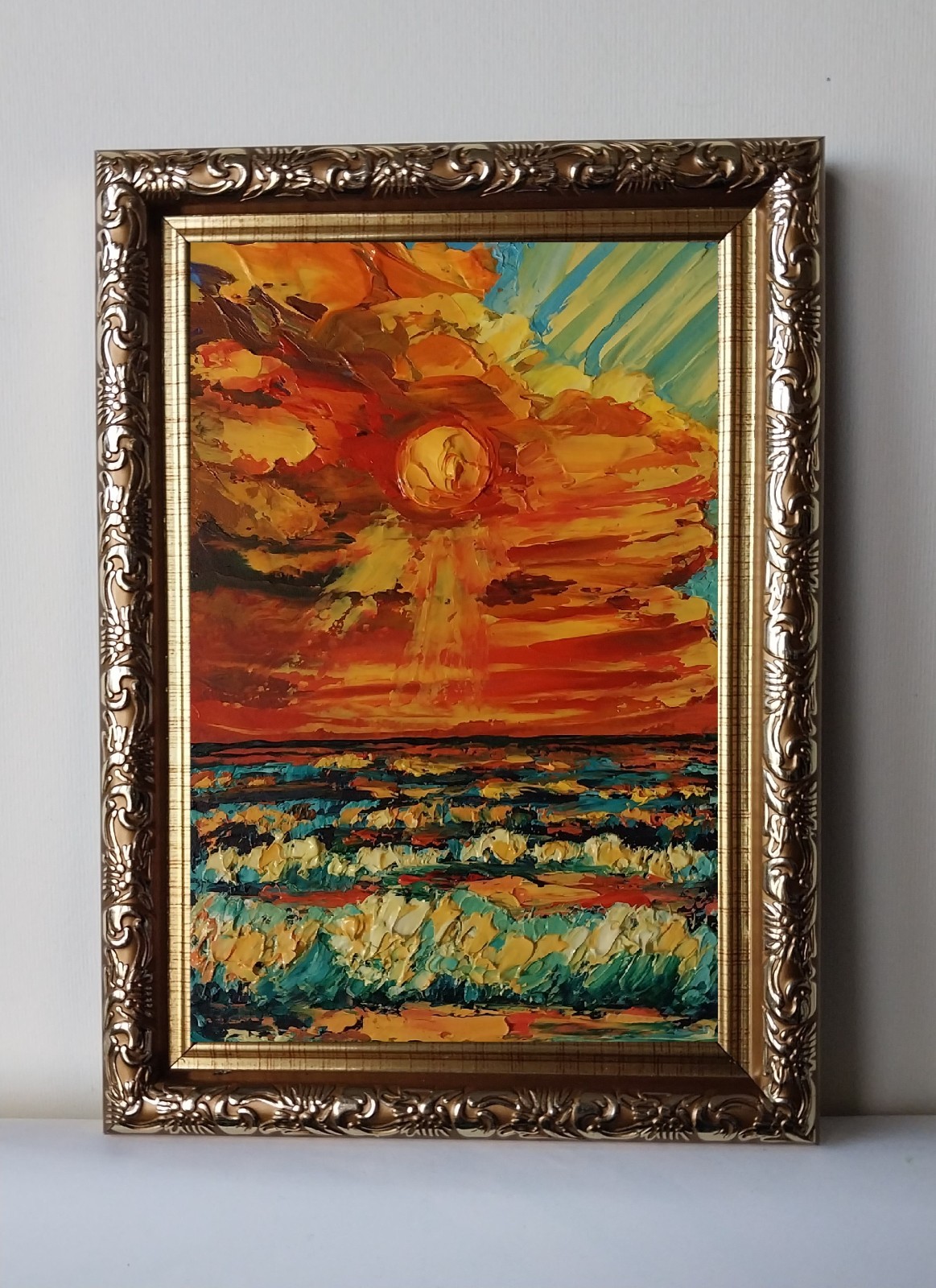Framed Small Seascape Bright Sunset Sky Art 4×6” Impasto Original Oil Painting