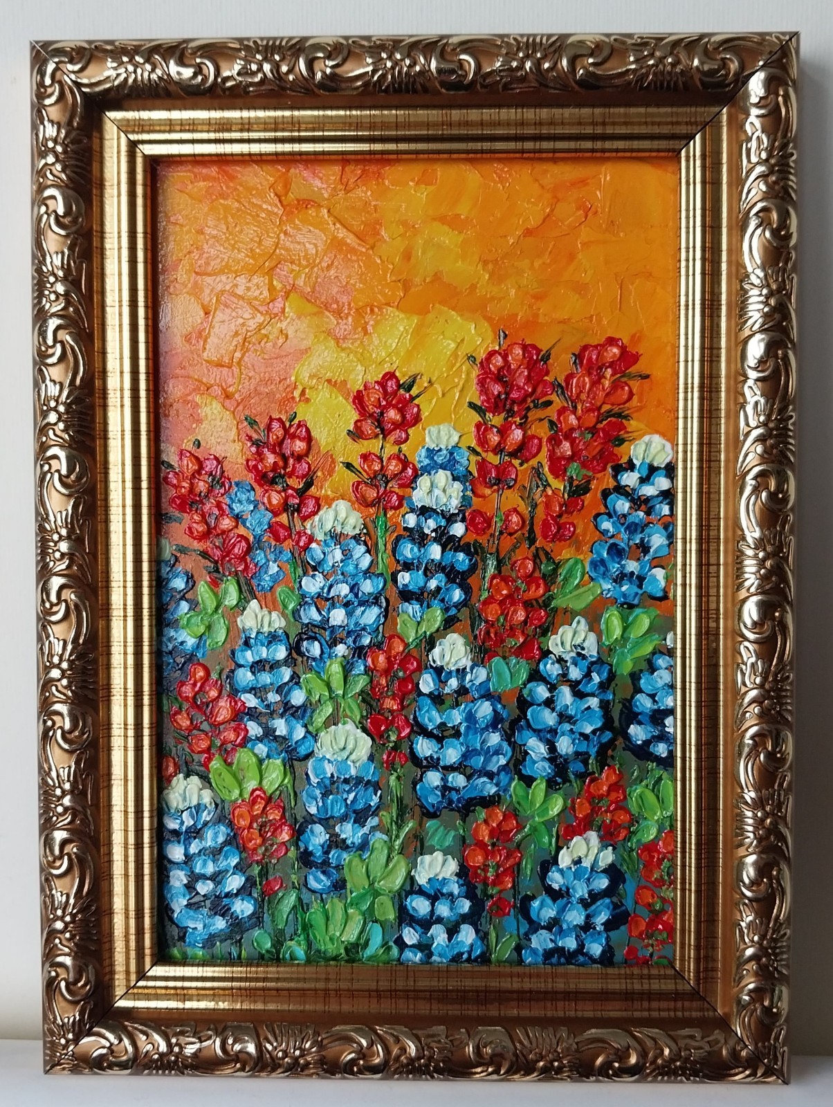 Framed Texas Bluebonnets Indian Brushes Art 4×6″ Impasto Oil Painting Original