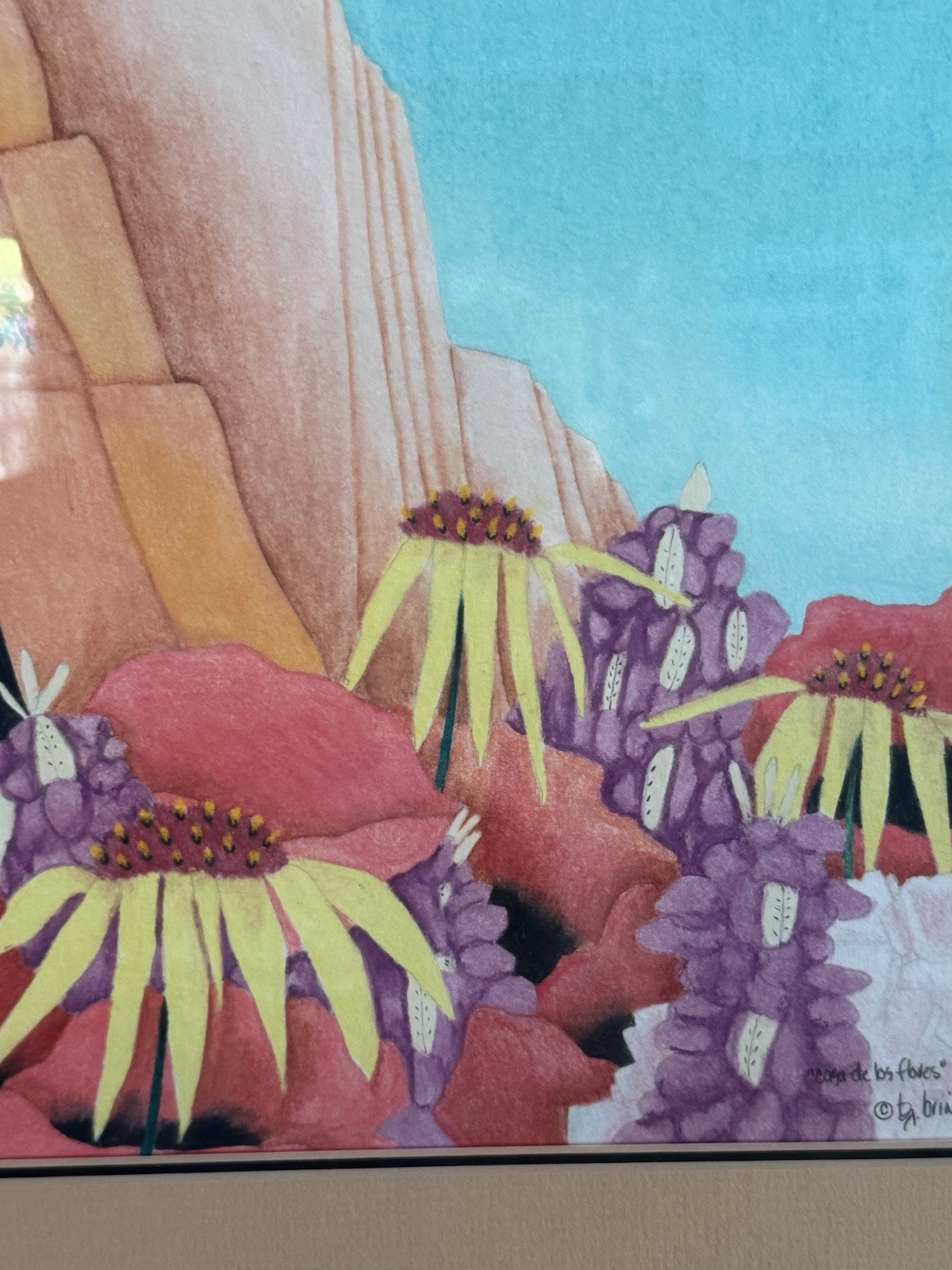 BJ Briner – Taos Artist – Casa de Los Flores – Framed Oil Pencil Paper Painting