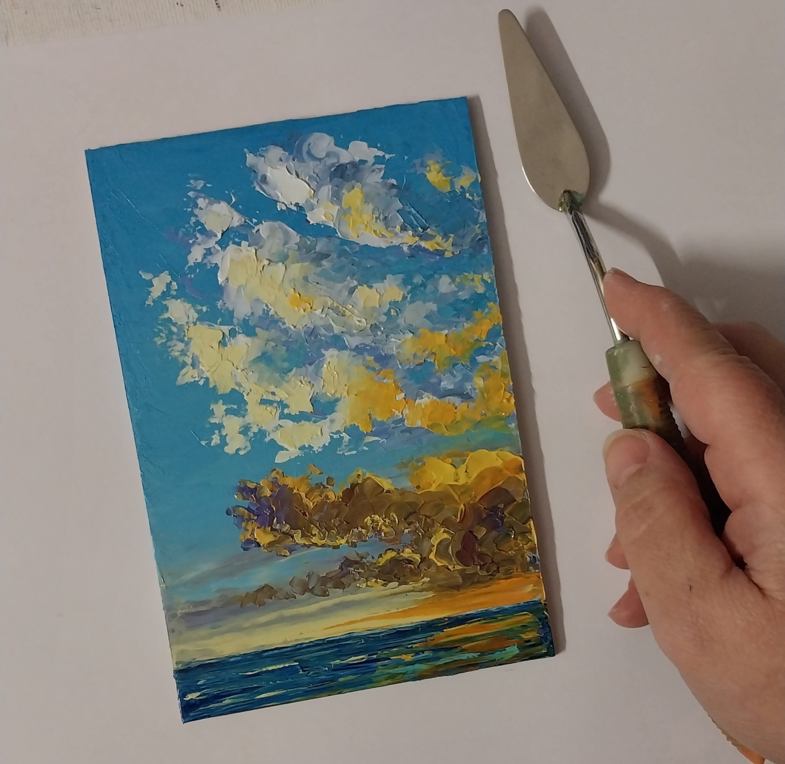 Framed Sunset Seascape Clouds Over Sea 4×6″ Original Oil Painting Impasto Art