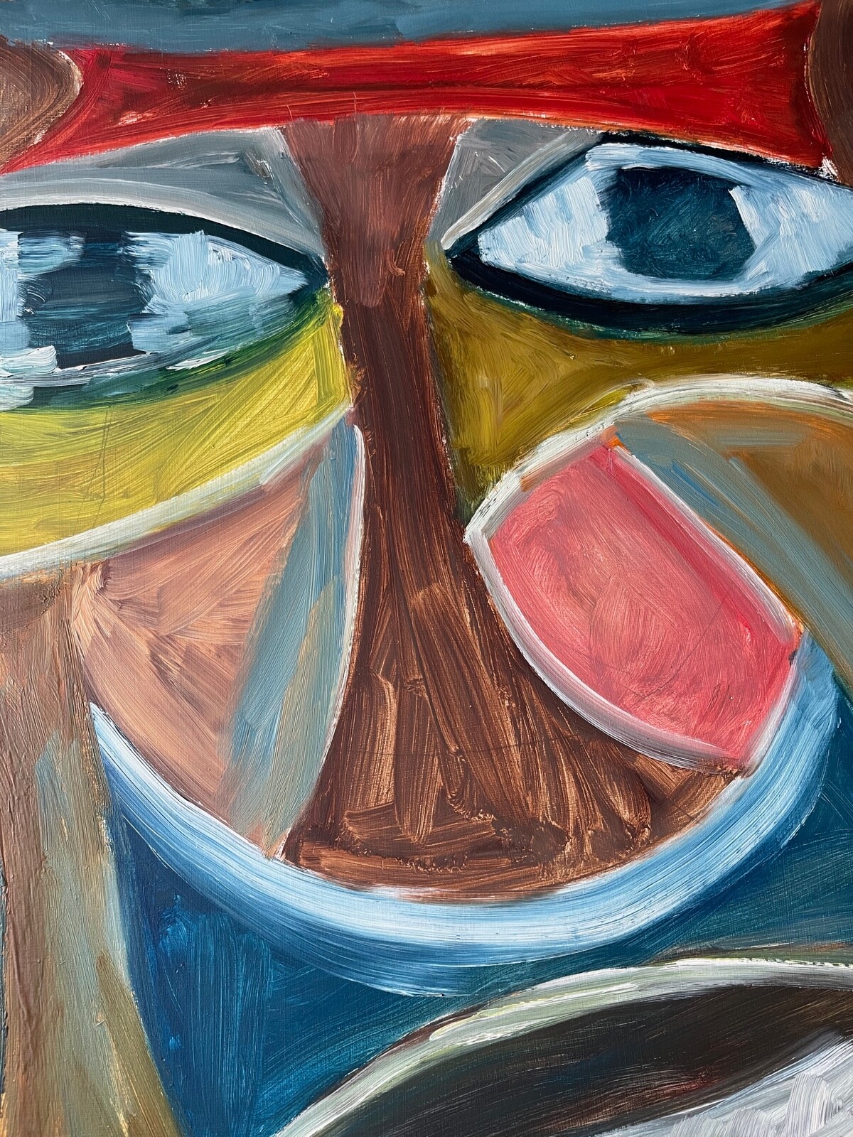 Vintage Multi-Color Abstract Face Oil Painting Mid Century Modern Wall Art 70s