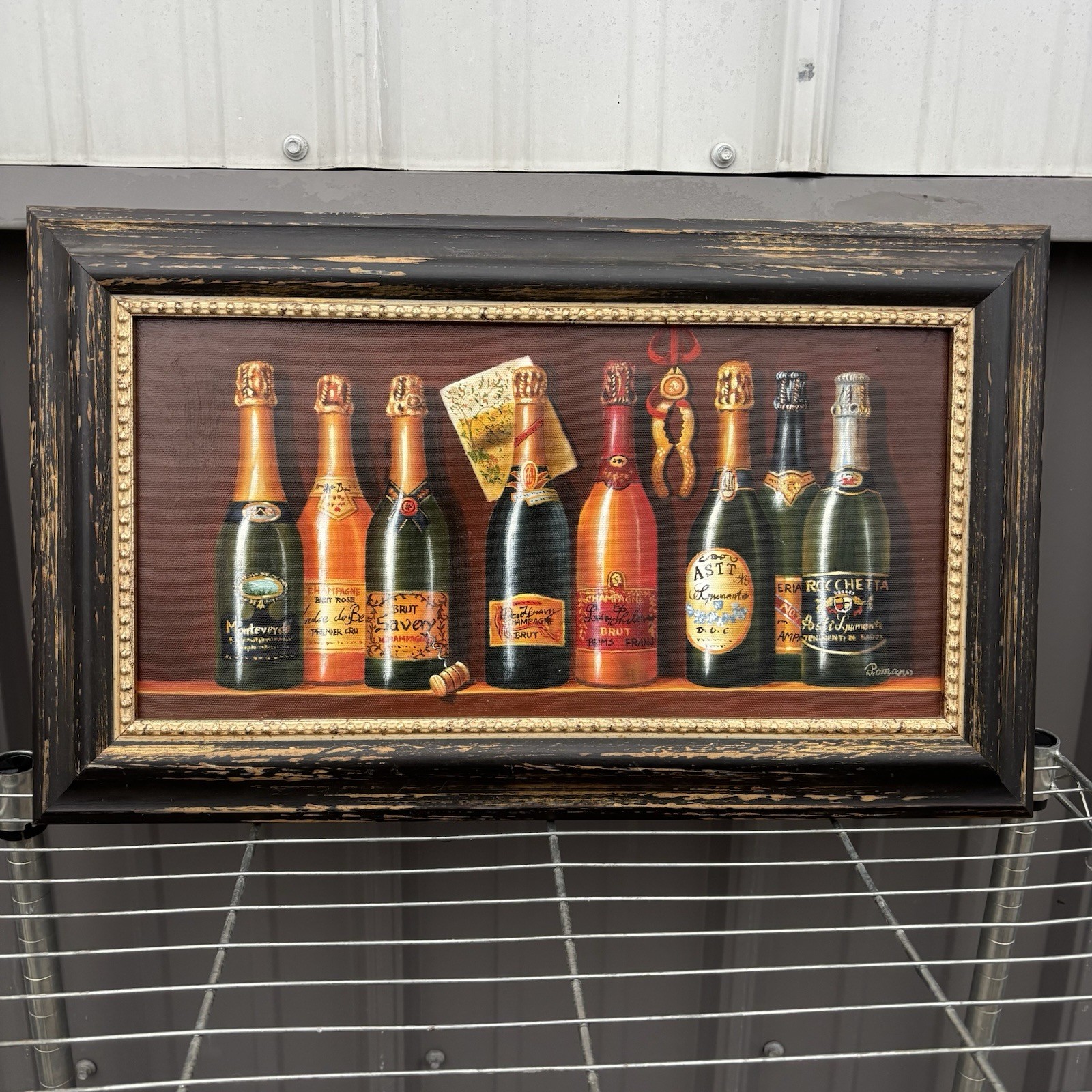 Vintage Framed Oil Painting on Canvas Wine Bottles Hand Painted Signed Romano ?