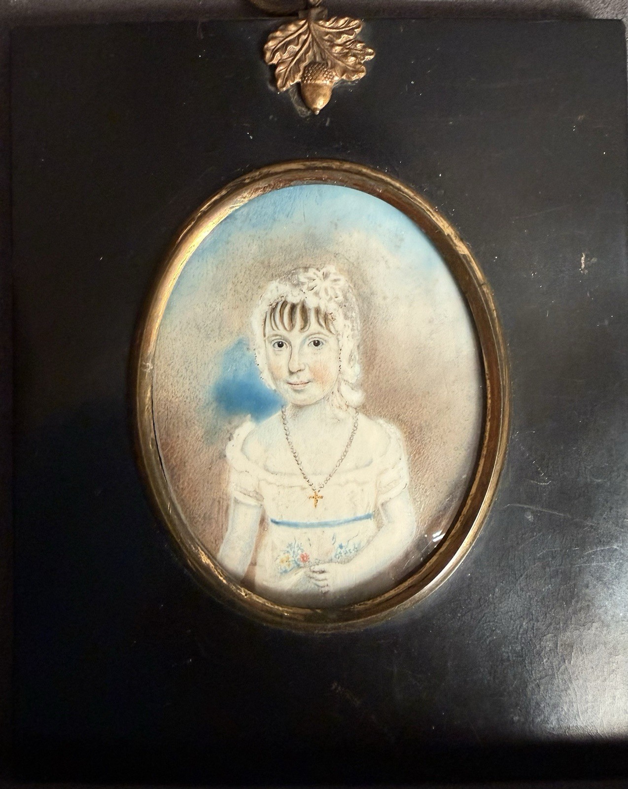 Portrait Miniature of Girl w Cross Necklace in Papier Mache Frame, c.1810