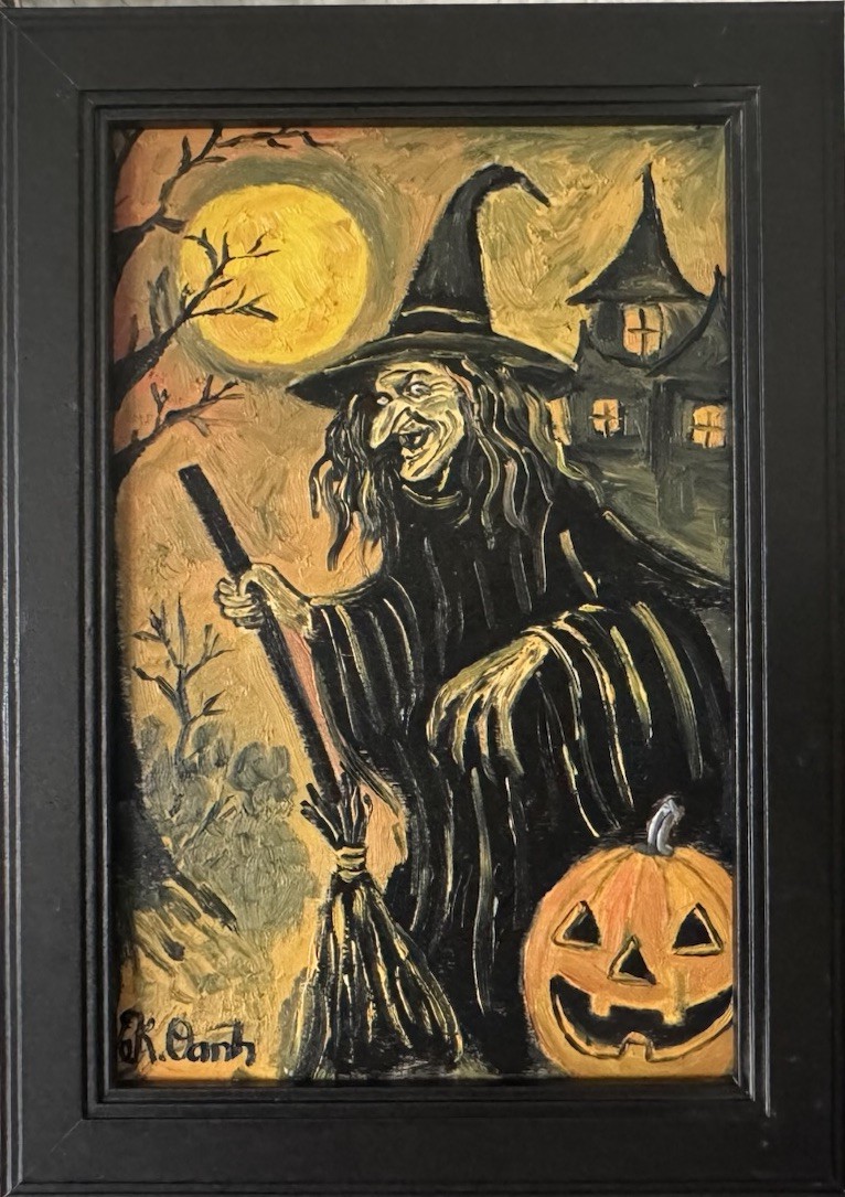 ORIGINAL OIL PAINTING WITCH PUMPKIN AUTUMN HALLOWEEN SIGNED FRAMED 4×6