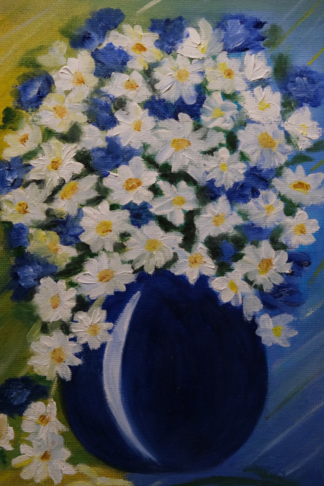 A bouquet of daisies in a blue vase. Original oil painting. Flower painting. A g