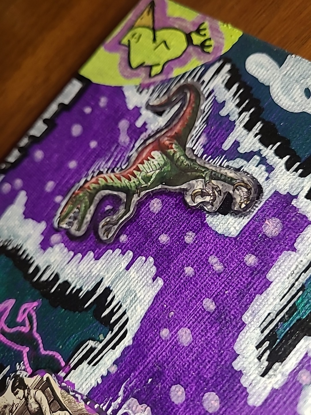 Original Painting Bad Dinner Trip Mushrooms Dinosaur Eat Food Eels Cartoon Birds