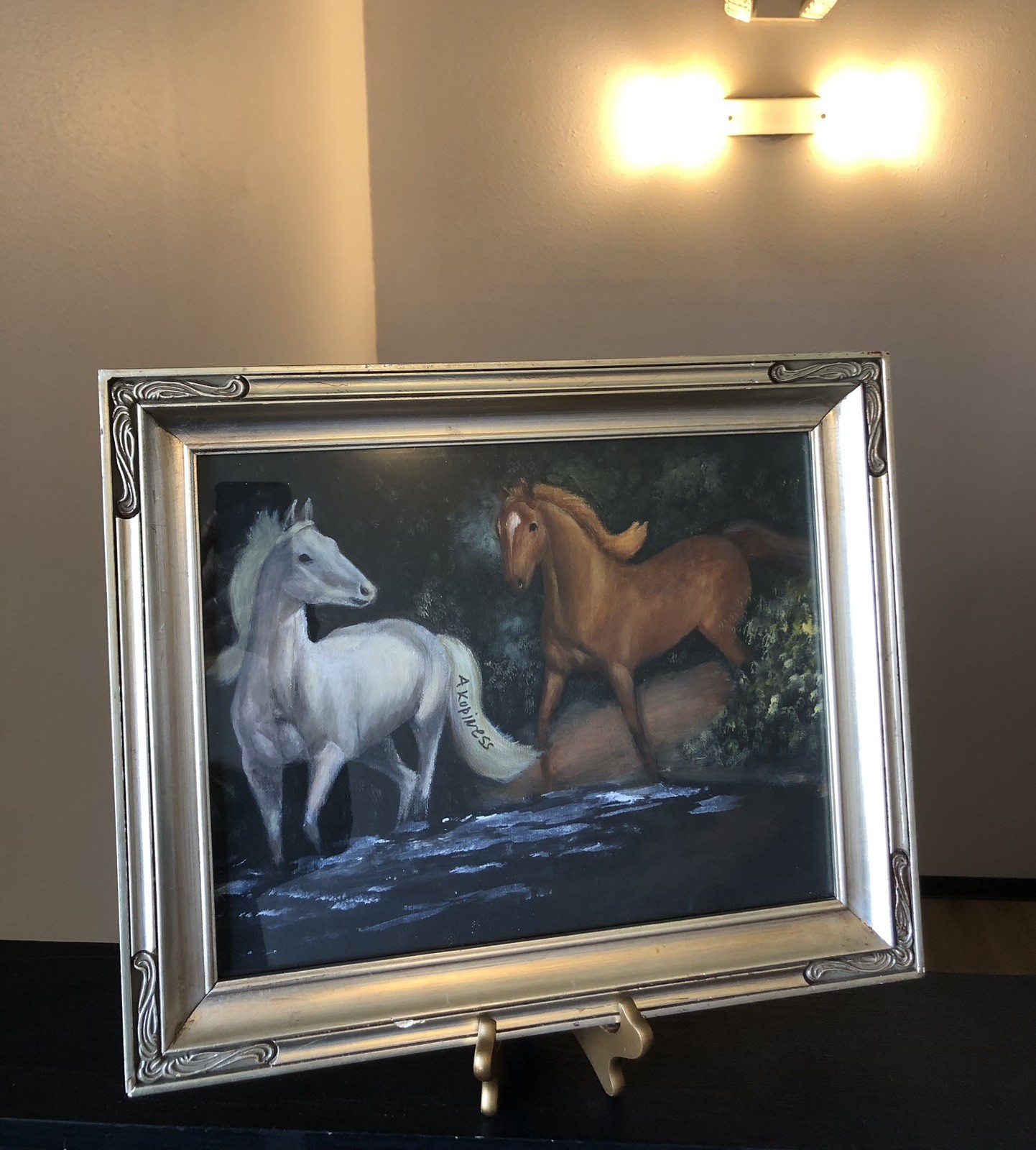 VTG Original Signed Oil On Canvas Painting Two Horses Wading In Water Framed 17”