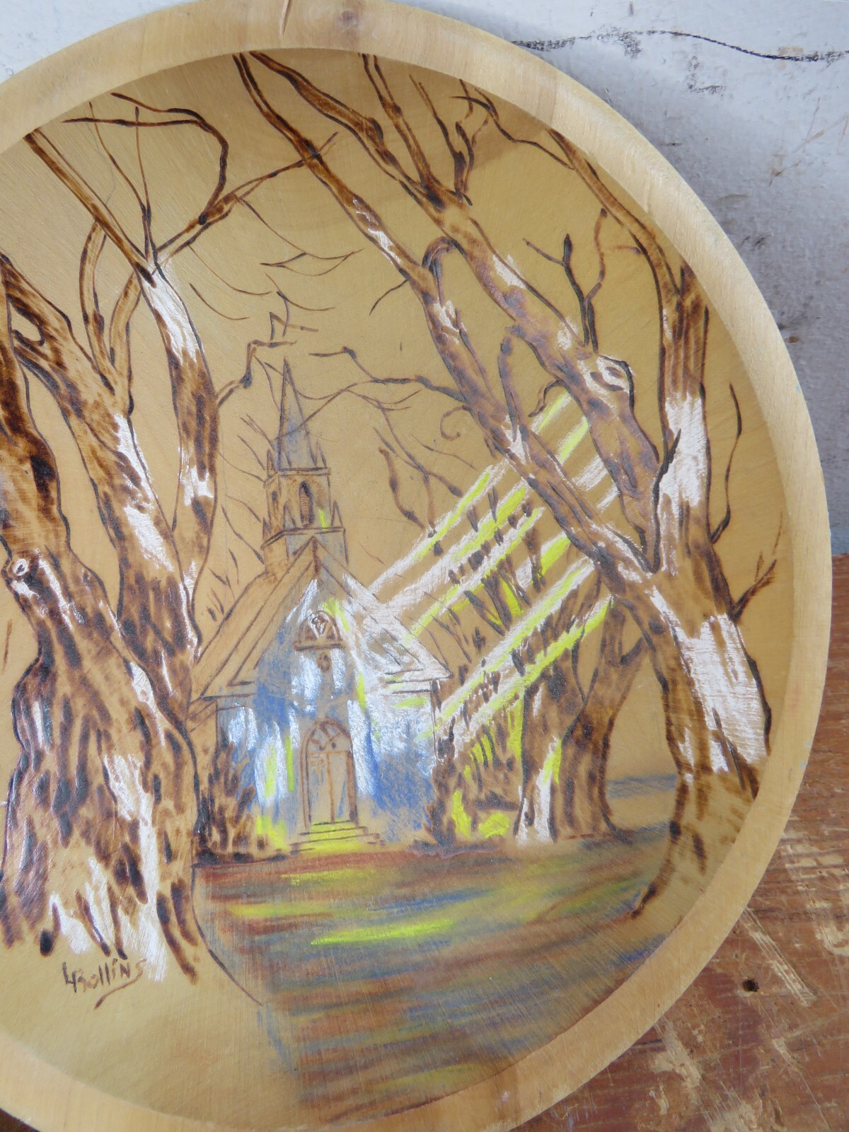Vintage Wooden Bowl Art Church Trees Painting/Burning 8.25×9 Rollins