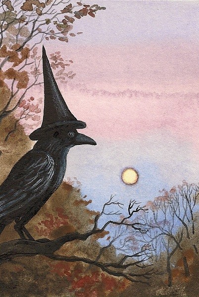 4×6 RAVEN CROW RYTA WITCH Halloween FOLK ART PRINT OF PAINTING MOON Salem Art 🎃