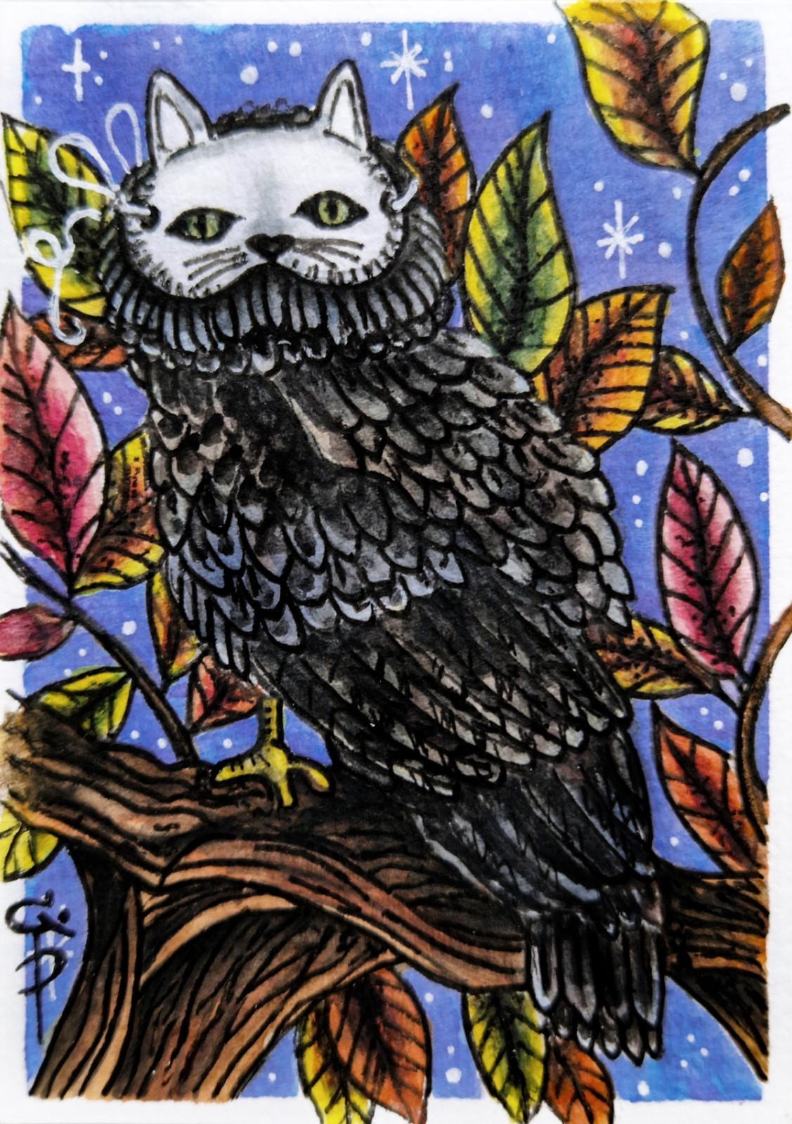 ACEO Owl Painting play Cat Mask funny Masquerade Original Watercolor Art