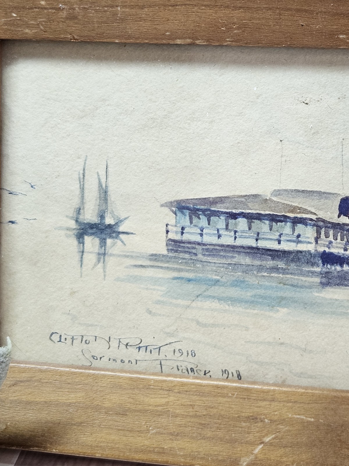 Signed 1918 Harbor Scene Watercolor Ink Wash Framed Artwork Vintage Nautical…