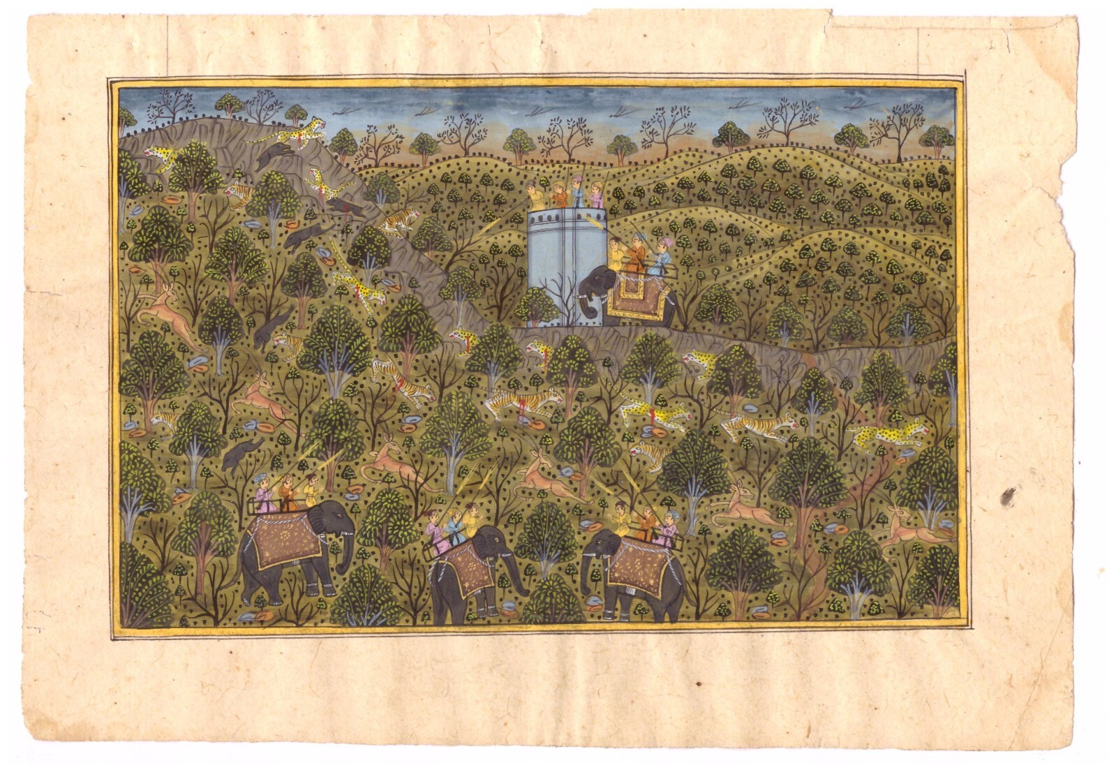 Tiger Hunting Painting Of Empoeror With His Friends On Elephant 9×6.5 Inches