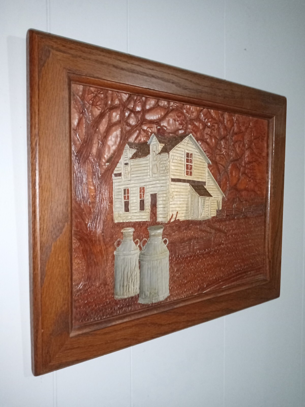 Orig. Stephen Brown Leather Scenes Hand Tooled Leather Art, Signed, Farm Scene