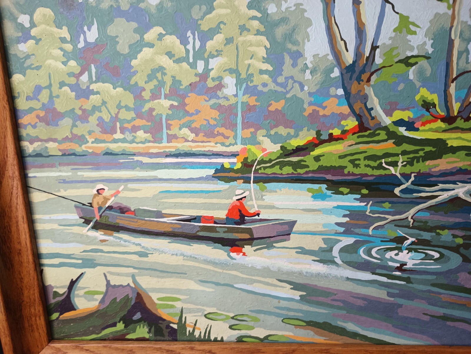 RARE VTG Framed Paint by Numbers «The Old Fishing Hole» Landscape Oil Painting