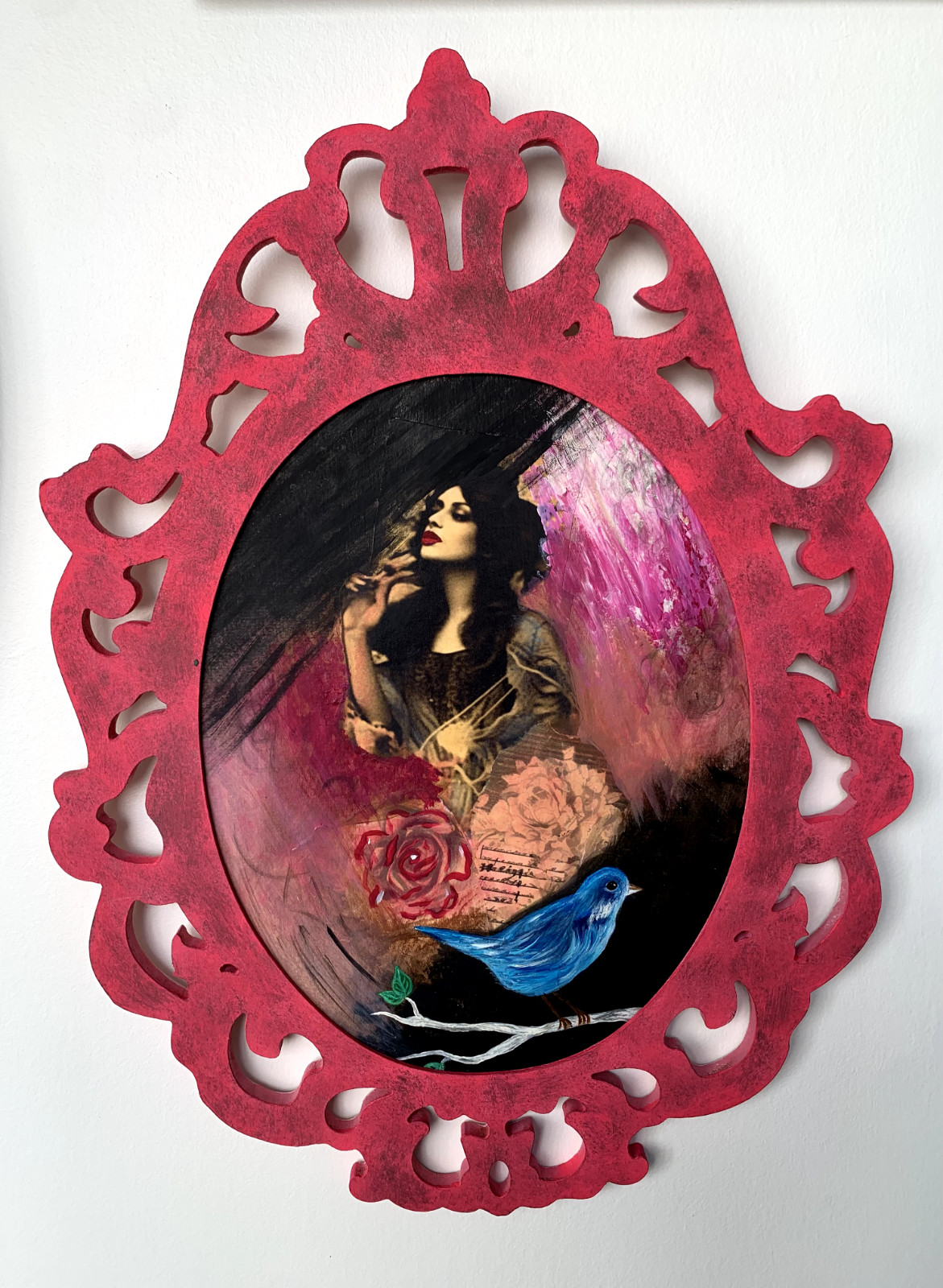 Bluebird and woman dark goth wall art framed collage 14″ x 19″