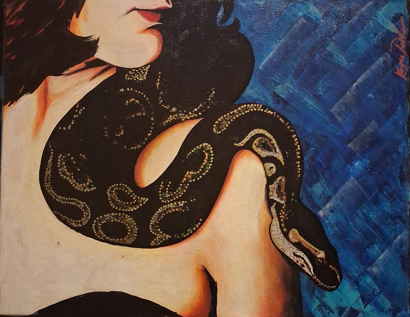 Woman With Snake figurative portrait painting on blue background