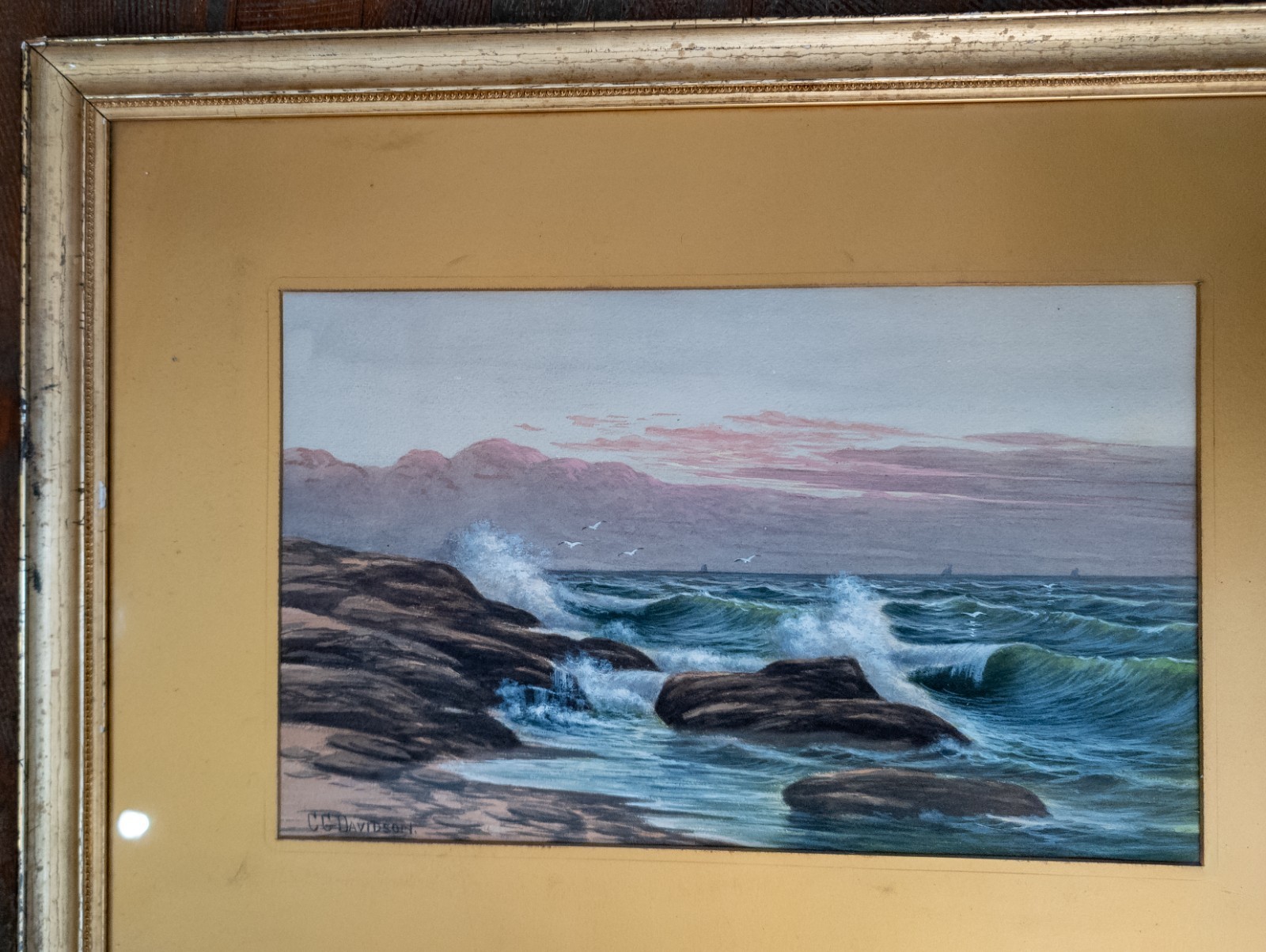 Antique Charles Grant Davidson Watercolor Painting of Seashore Waves Luminist
