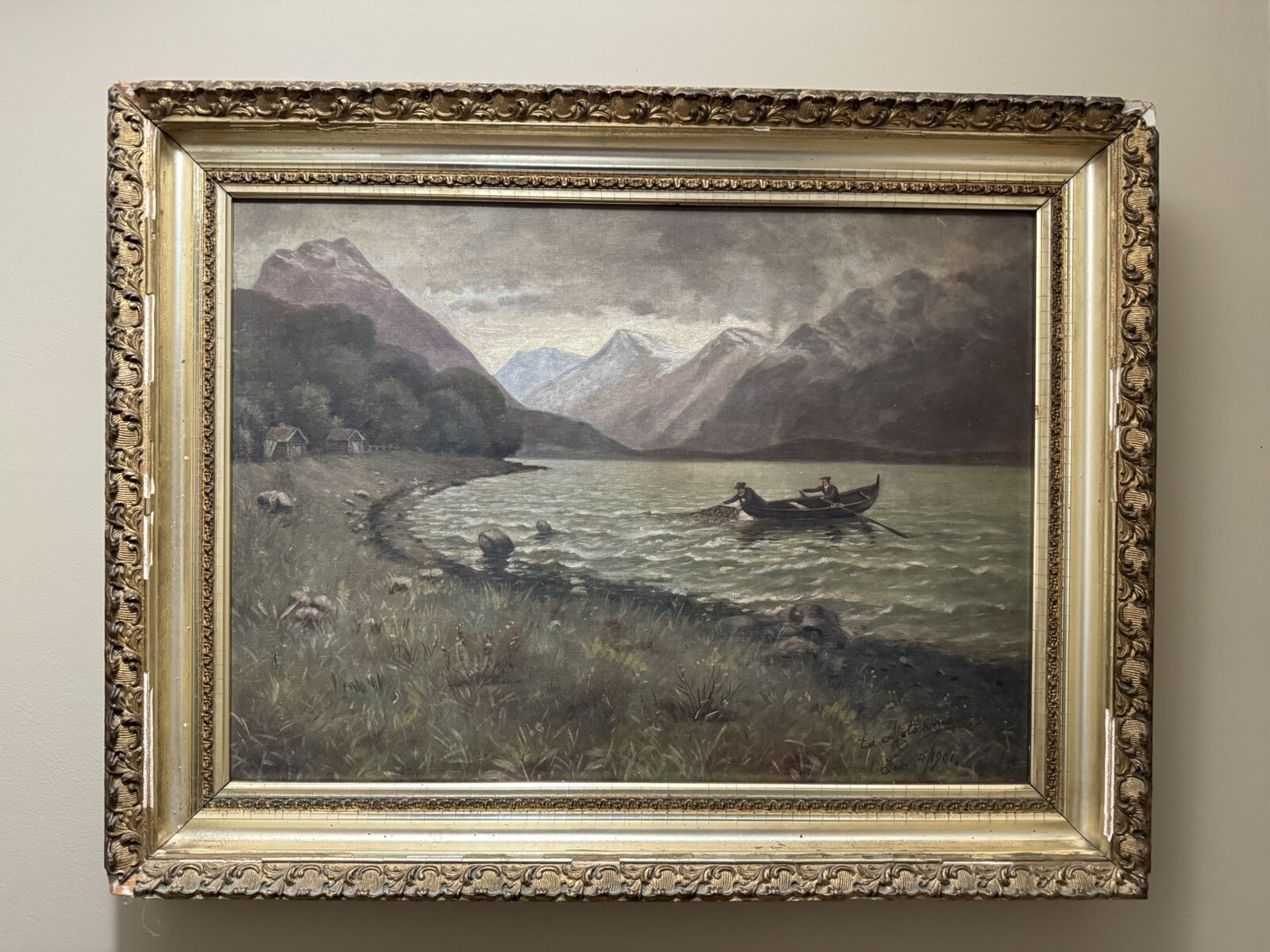 Antique 1901 Fishing on A Boat Oil Painting, Signed