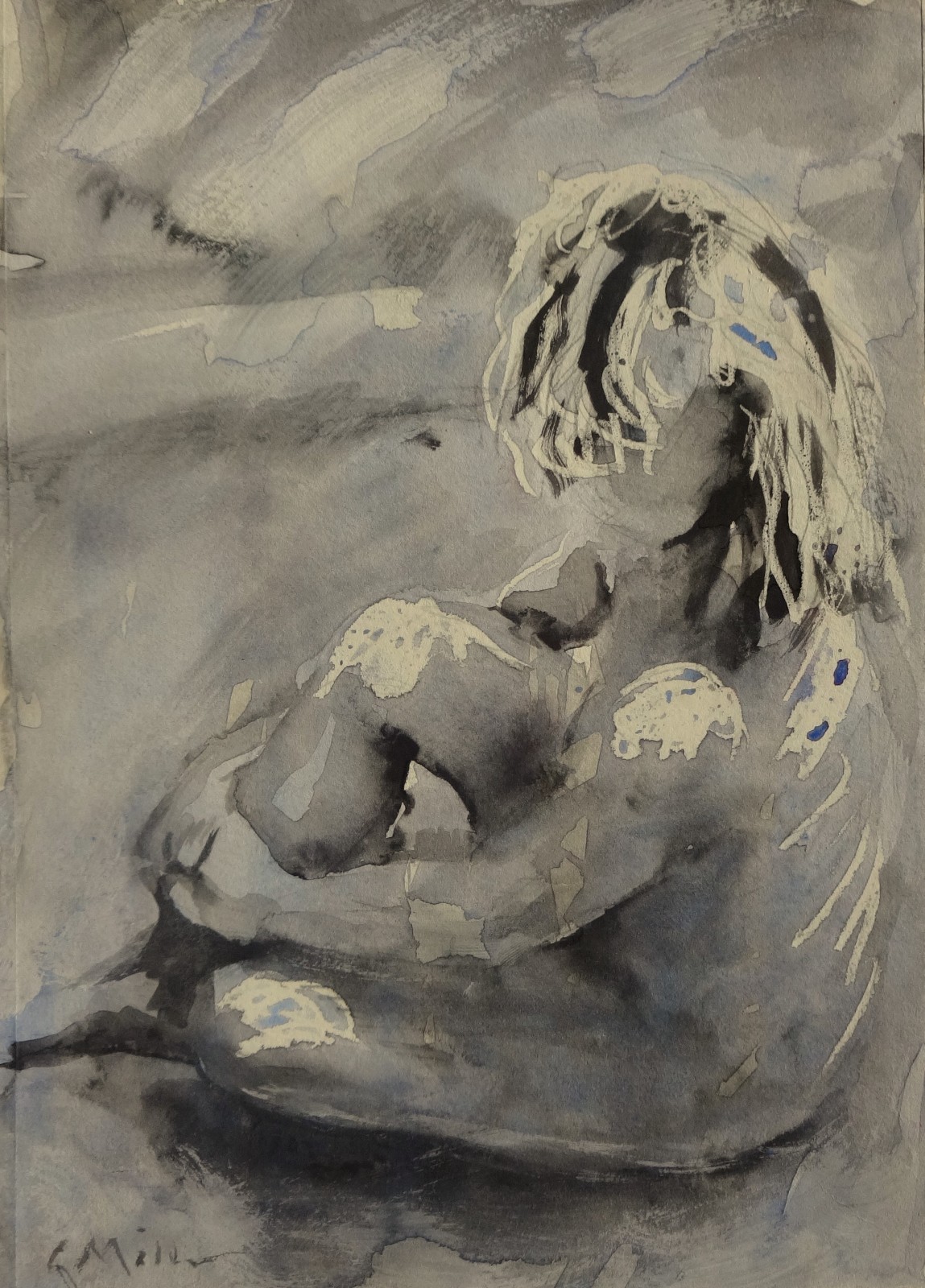 GERRY MILLER. “Seated Figure” watercolor painting on paper. 25.5 x 36.5 cm.
