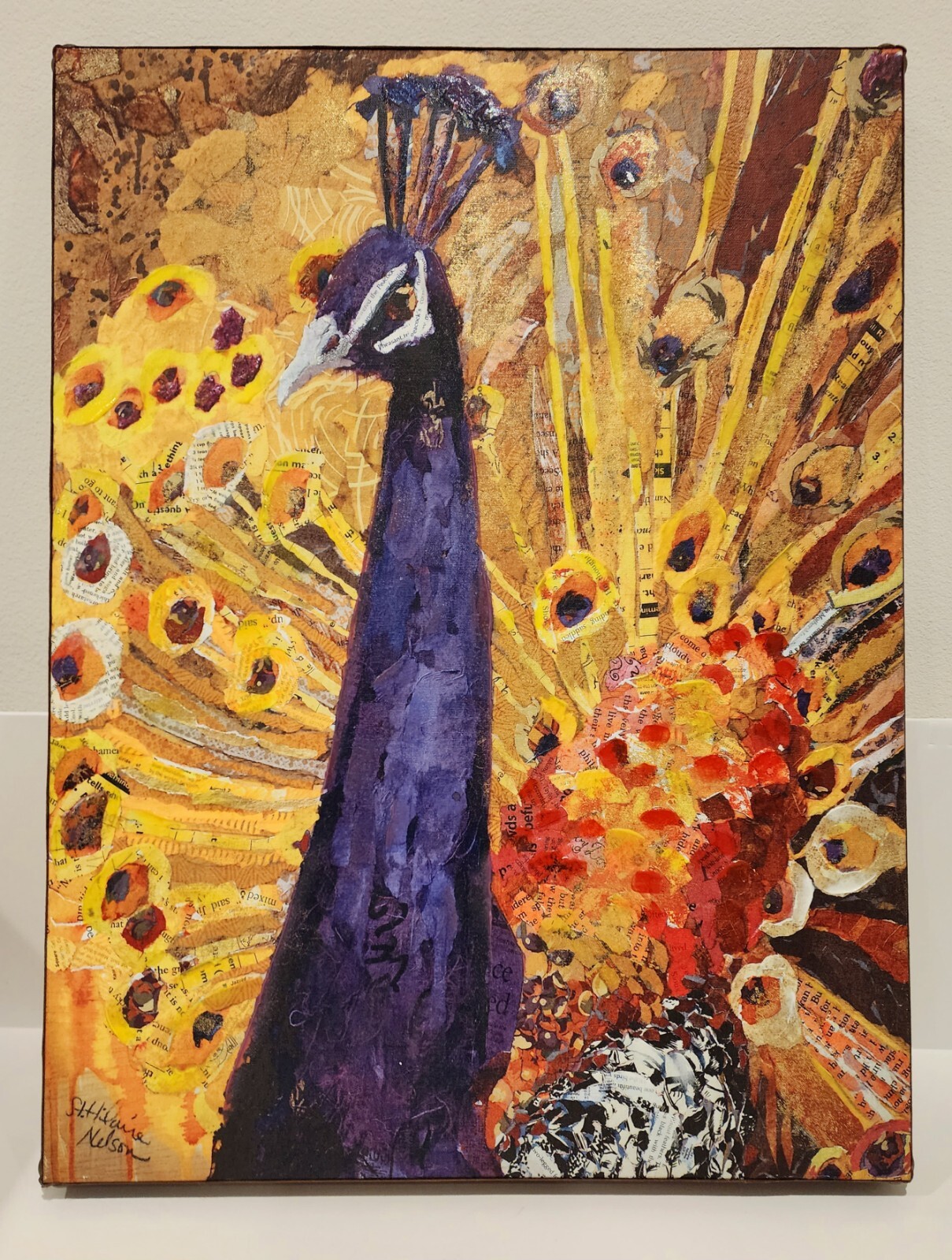 ELIZABETH ST HILAIRE NELSON Peacock Collage Art Signed Giclee Prof Frame 32×24