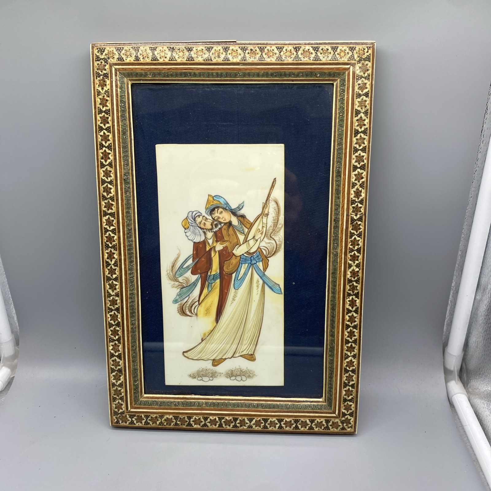 Persian Couples Love Scene Painting Khatam Inlay Marquetry Wood Frame 8 x 12