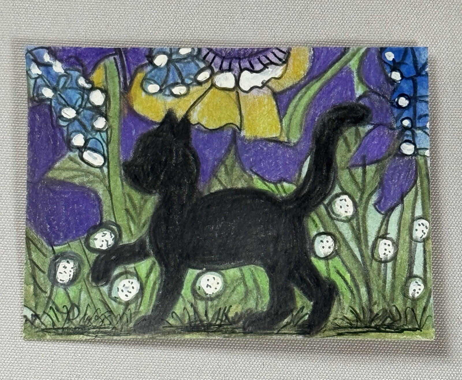 Aceo Original Art Trading Card, Purple Flower Garden w Cat, Art By Sommer Rayn