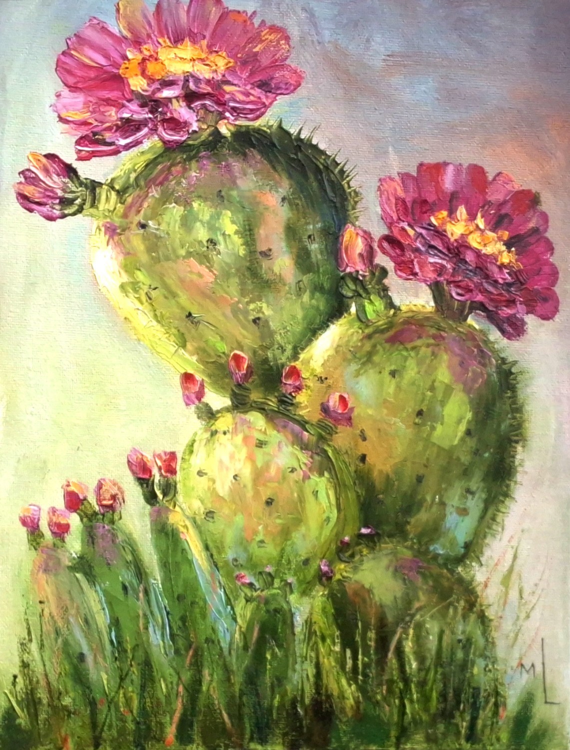 Original Oil Painting Blooming Desert Cactus Art Pink Flowers Artwork 9.5x12in