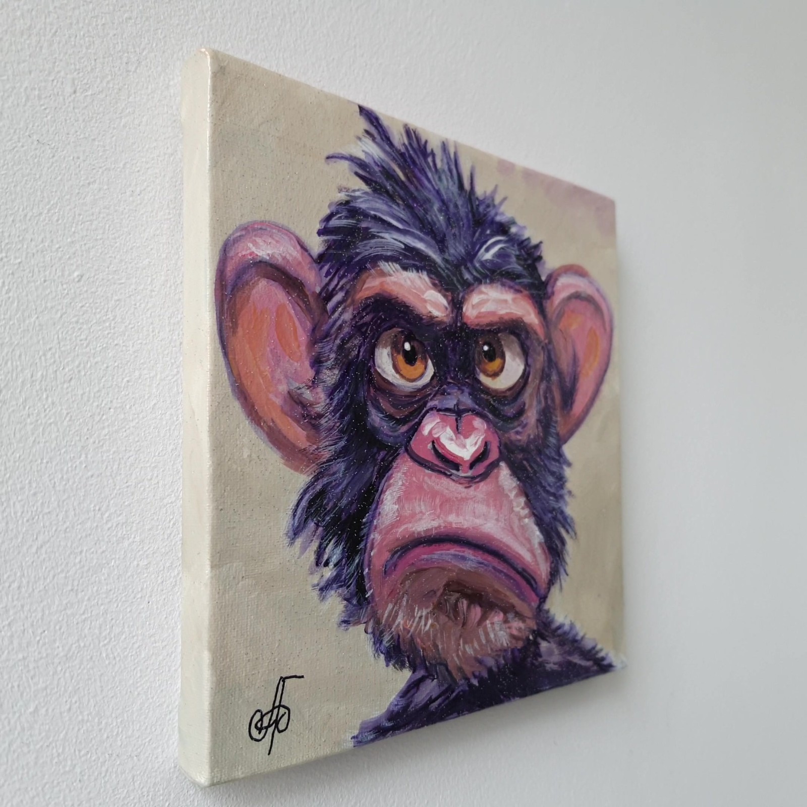 Original Acrylic Painting Funny Grumpy Chimp Monkey Portrait Small Hand Painted