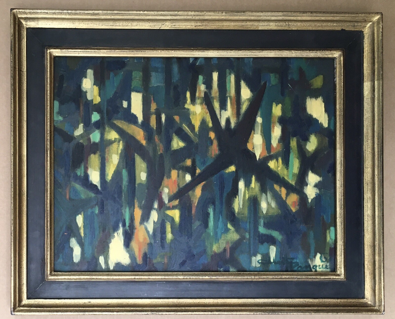 Painting Oil Composition Abstract Landscape Black Green Yellow Blue Signed 1960s