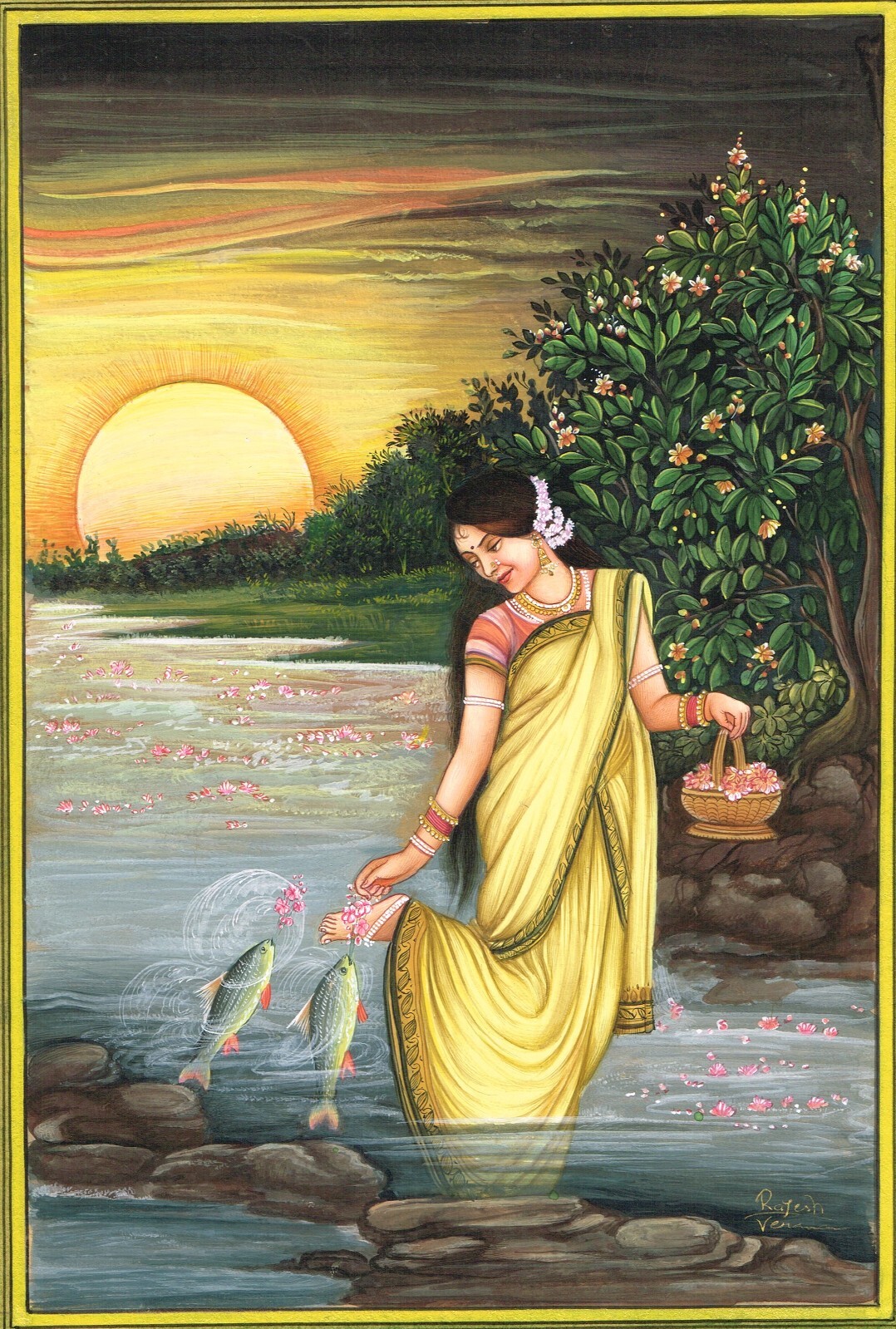 Nature Art Painting Of Indian Woman In River With Fish On Paper 10.5×13.5 Inches