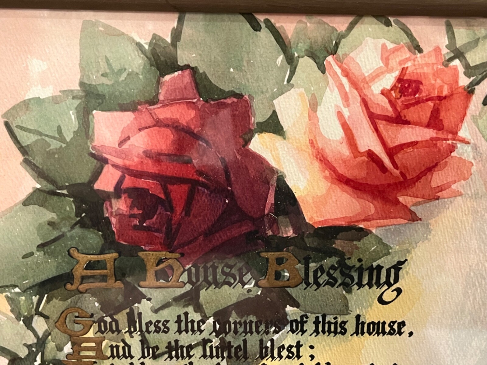 c.1910 Rose Motto House Blessing Watercolor Painting
