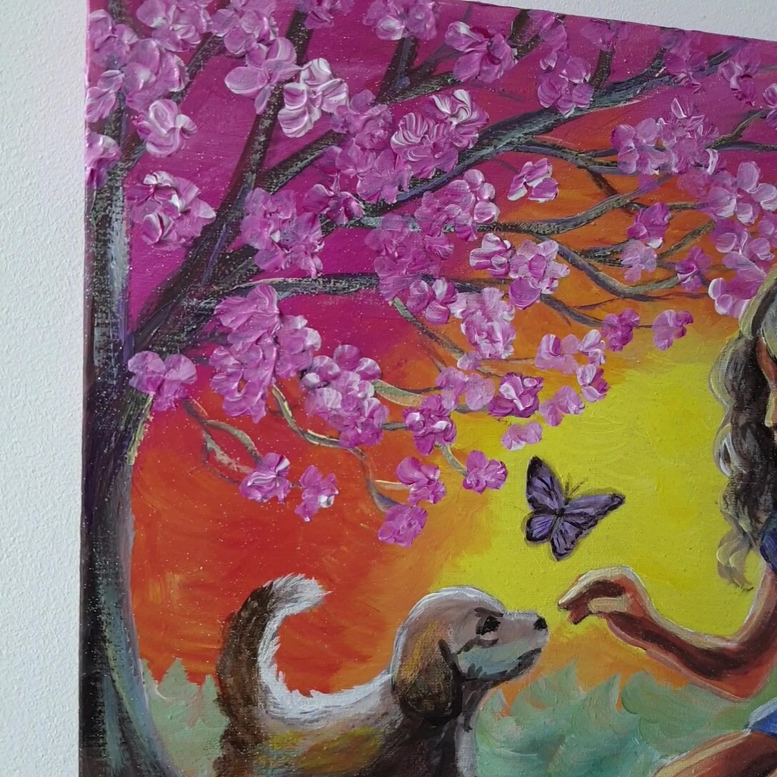 Painting Spring Bloom Puppy Signed Wall Art Decor Gift Original Ukrainian Artist